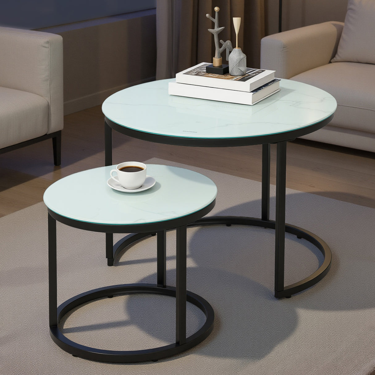 Glass Top Nesting Coffee Tables Round in Set of 2 With Steel Frame - Velmora