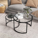 Glass Top Nesting Coffee Tables in Set of 2 With Black Steel Frame - Velmora