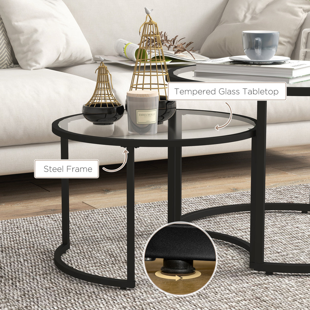 Glass Top Nesting Coffee Tables in Set of 2 With Black Steel Frame - Velmora