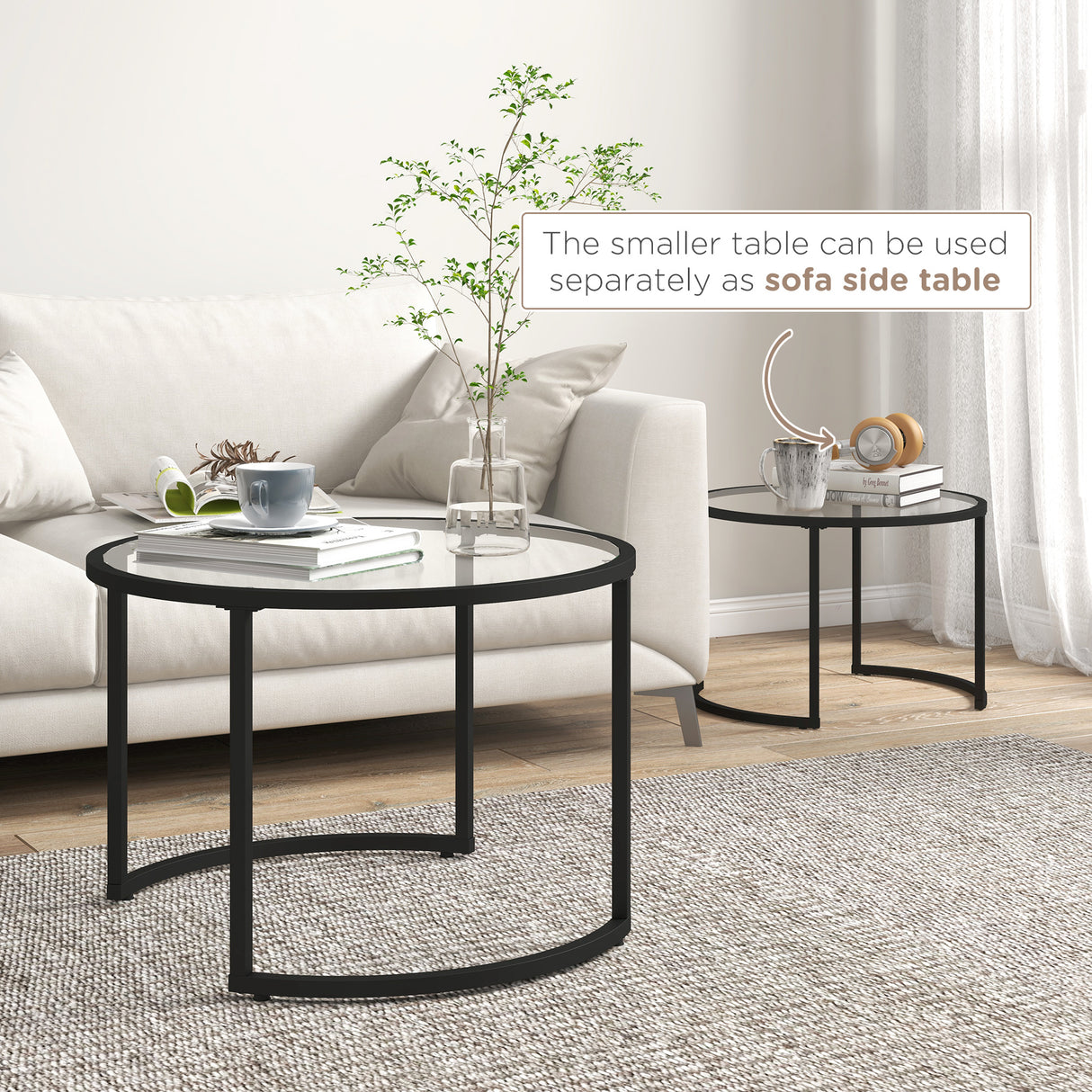 Glass Top Nesting Coffee Tables in Set of 2 With Black Steel Frame - Velmora