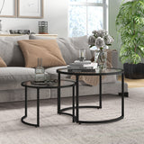 Glass Top Nesting Coffee Tables in Set of 2 With Black Steel Frame - Velmora