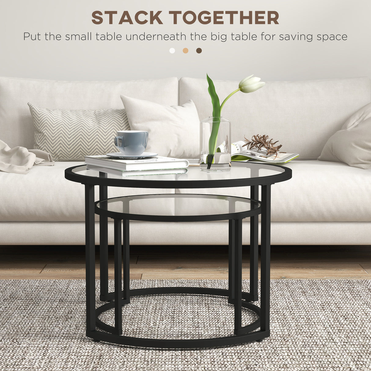 Glass Top Nesting Coffee Tables in Set of 2 With Black Steel Frame - Velmora