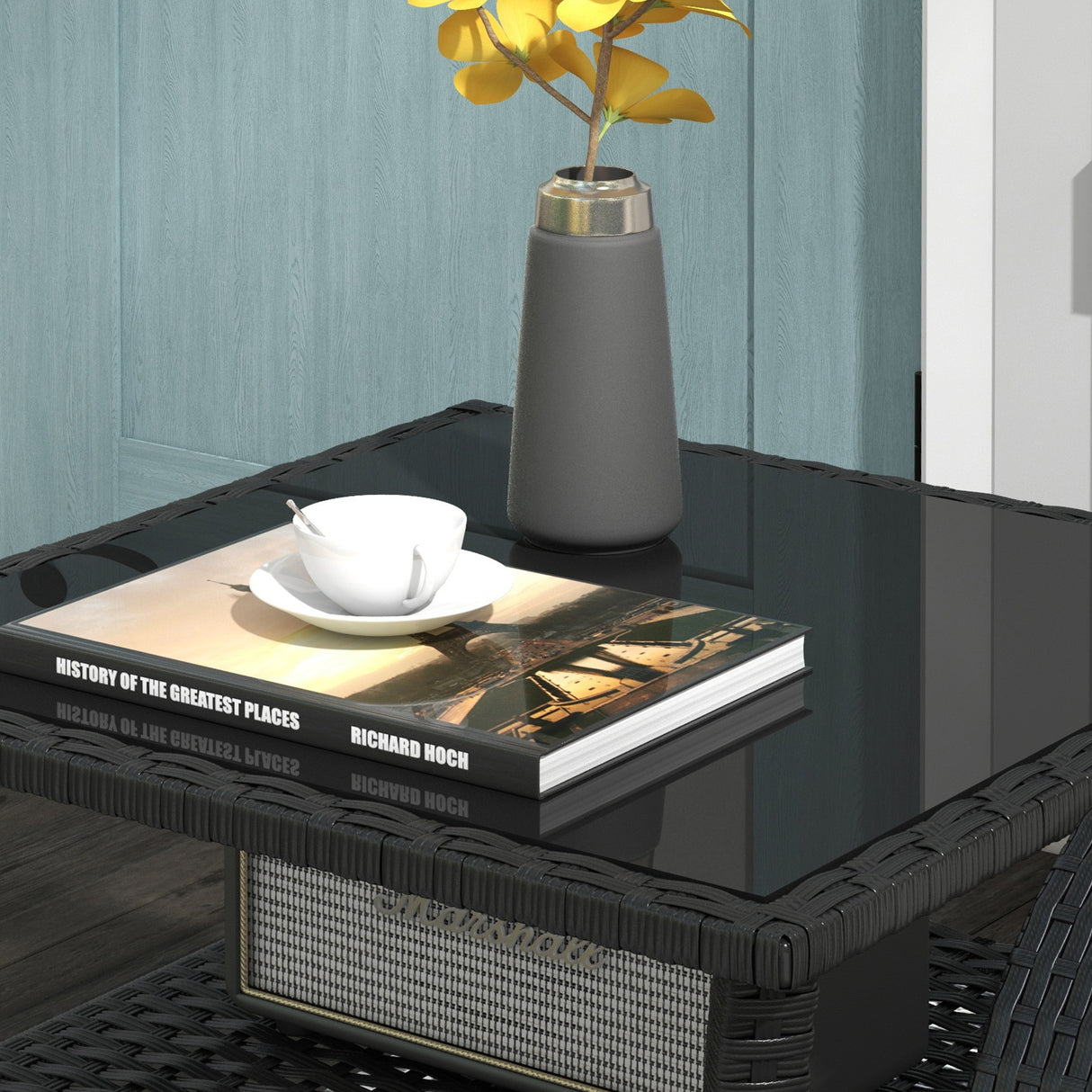 Glass Top Outdoor Garden Coffee Table With PE Rattan Frame Square - Velmora