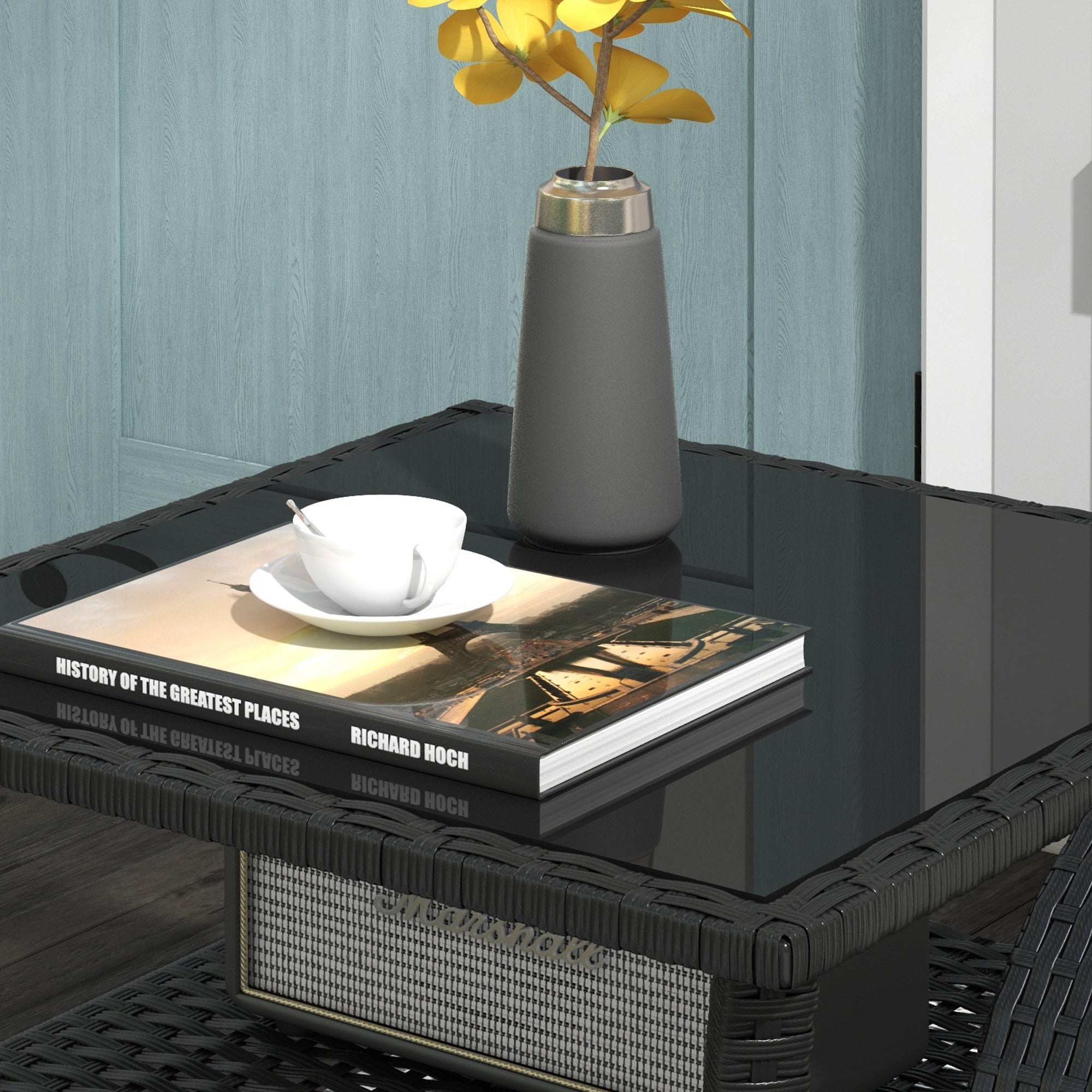 Glass Top Outdoor Garden Coffee Table With PE Rattan Frame Square - Velmora