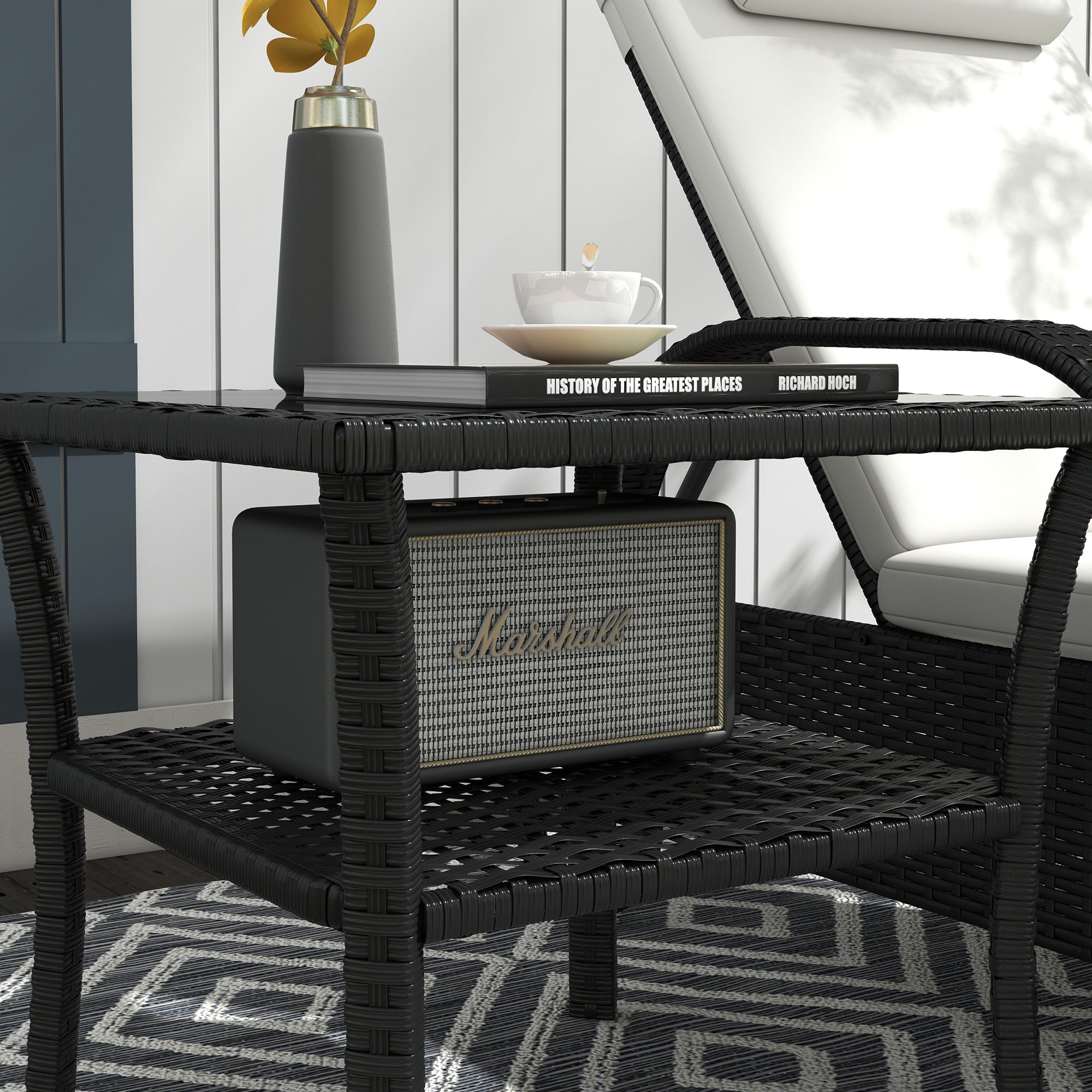 Glass Top Outdoor Garden Coffee Table With PE Rattan Frame Square - Velmora