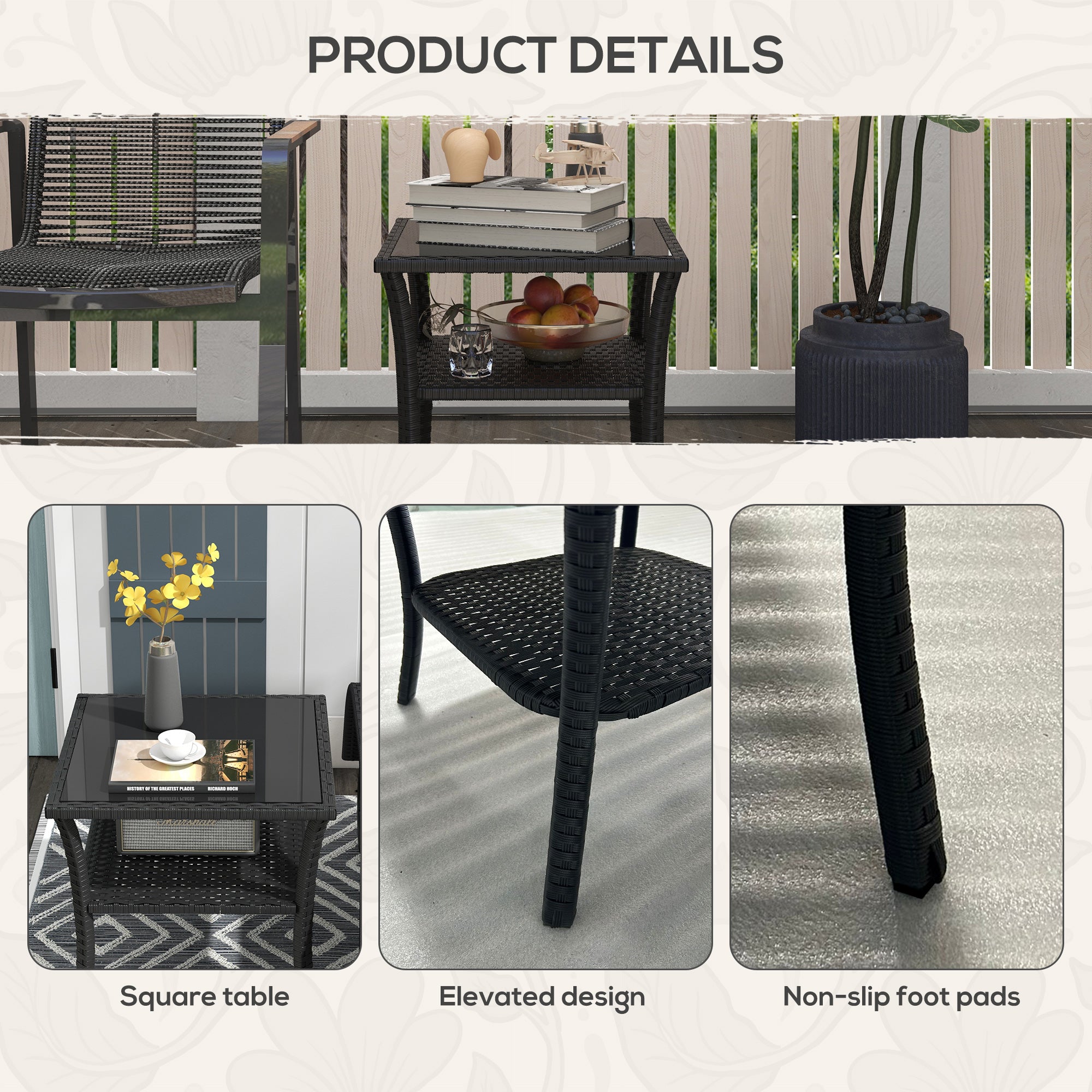 Glass Top Outdoor Garden Coffee Table With PE Rattan Frame Square - Velmora