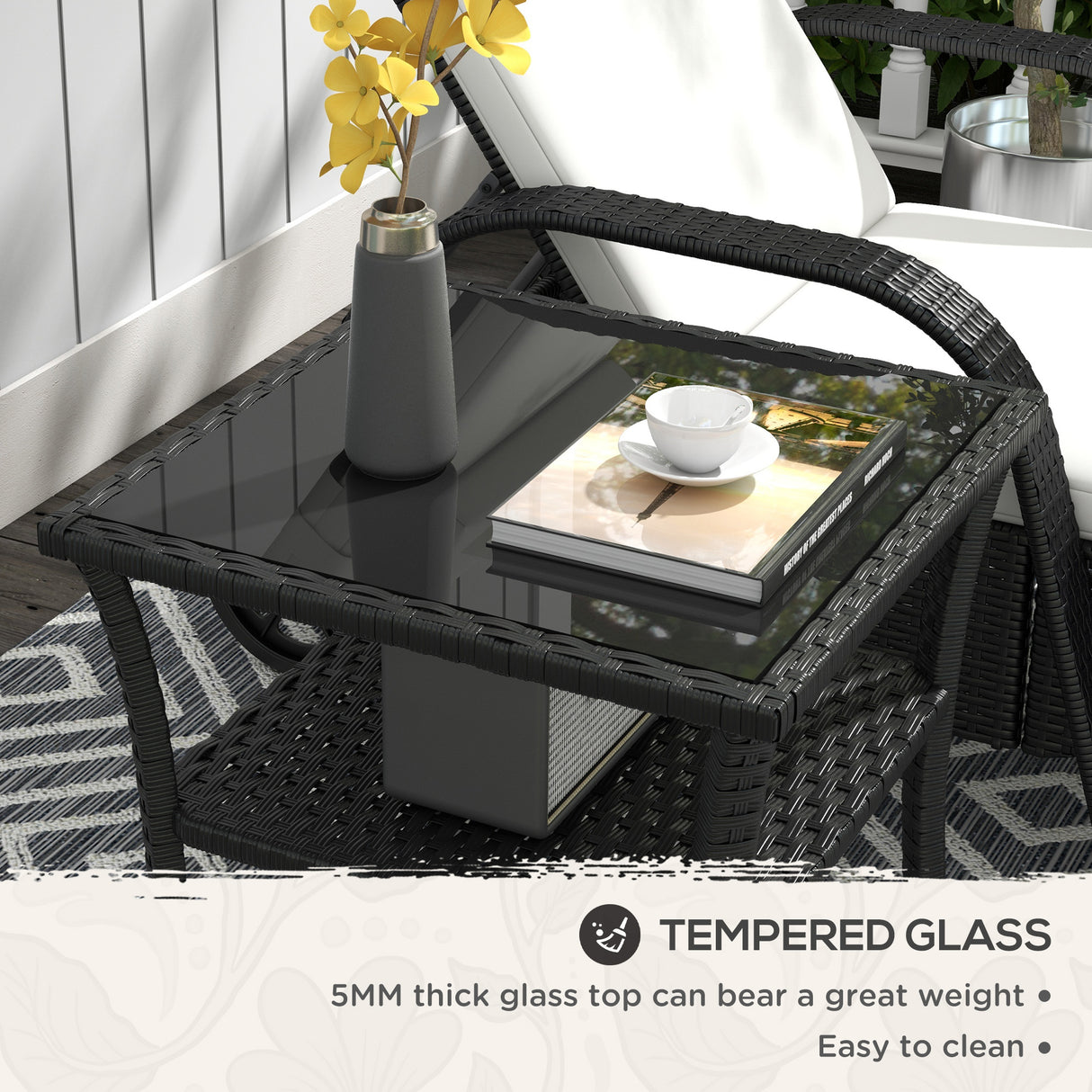 Glass Top Outdoor Garden Coffee Table With PE Rattan Frame Square - Velmora