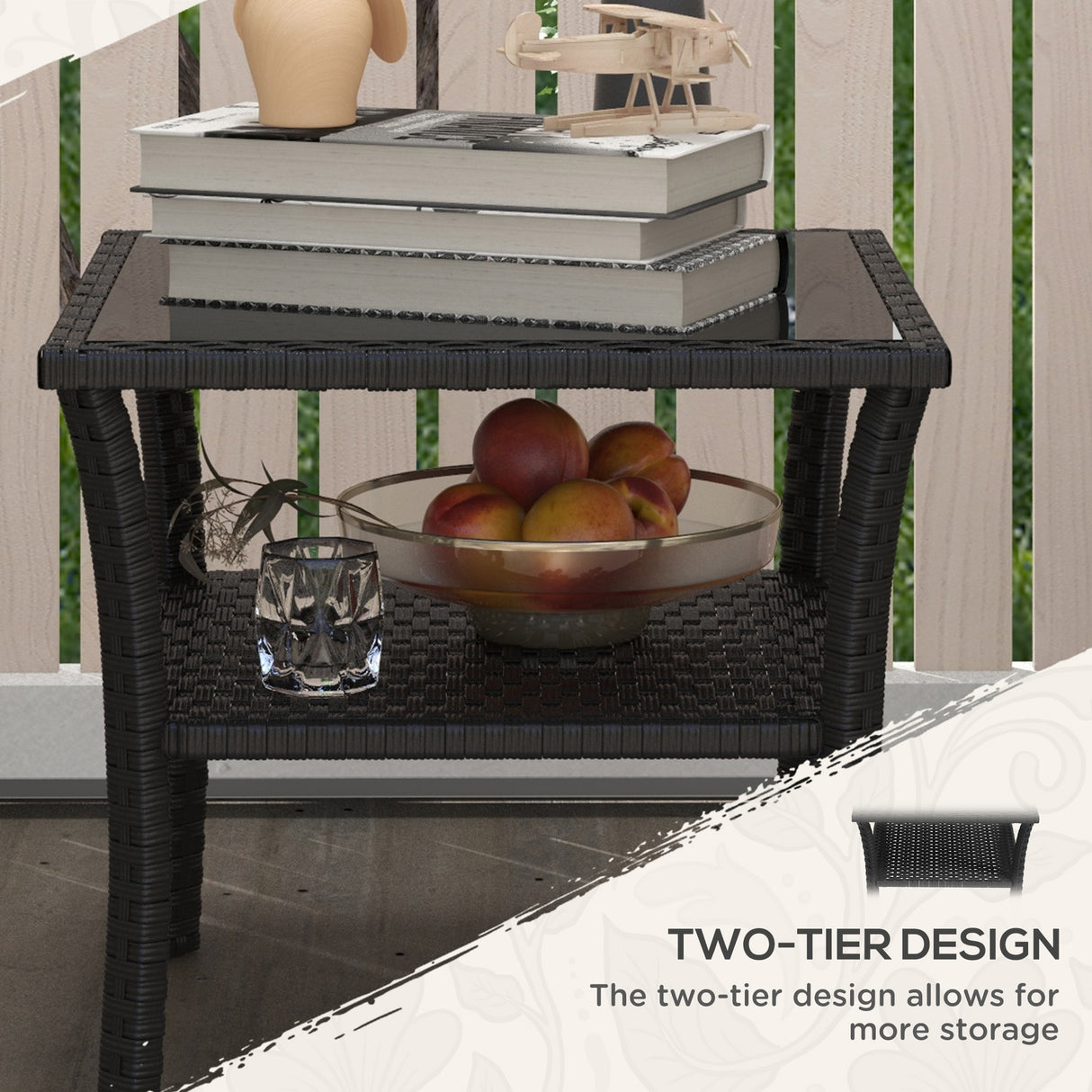 Glass Top Outdoor Garden Coffee Table With PE Rattan Frame Square - Velmora