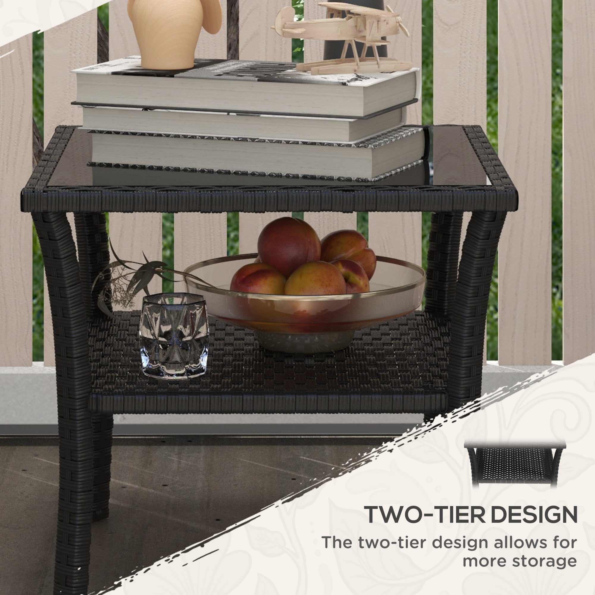Glass Top Outdoor Garden Coffee Table With PE Rattan Frame Square - Velmora