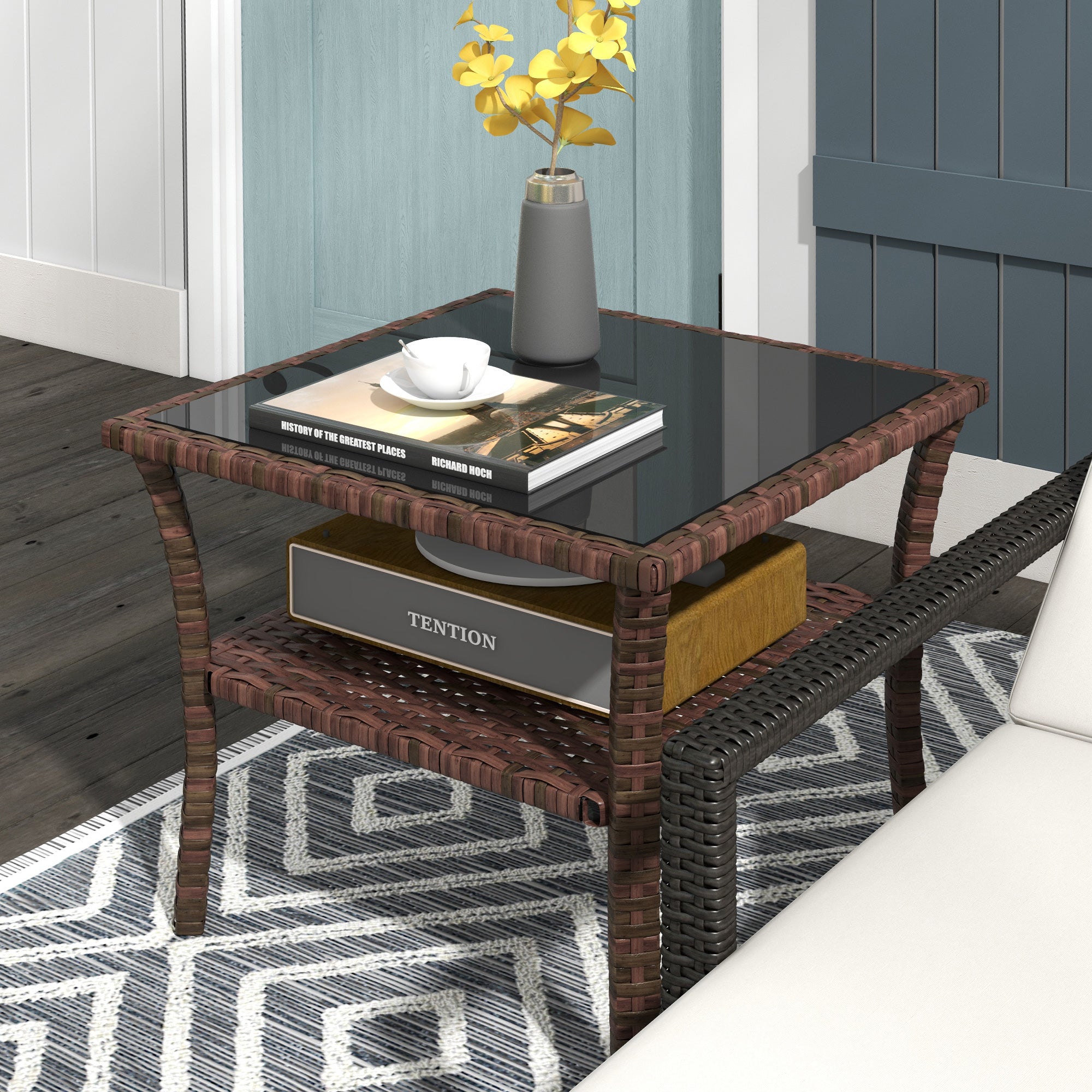 Glass Top Outdoor Garden Coffee Table With PE Rattan Frame Square - Velmora