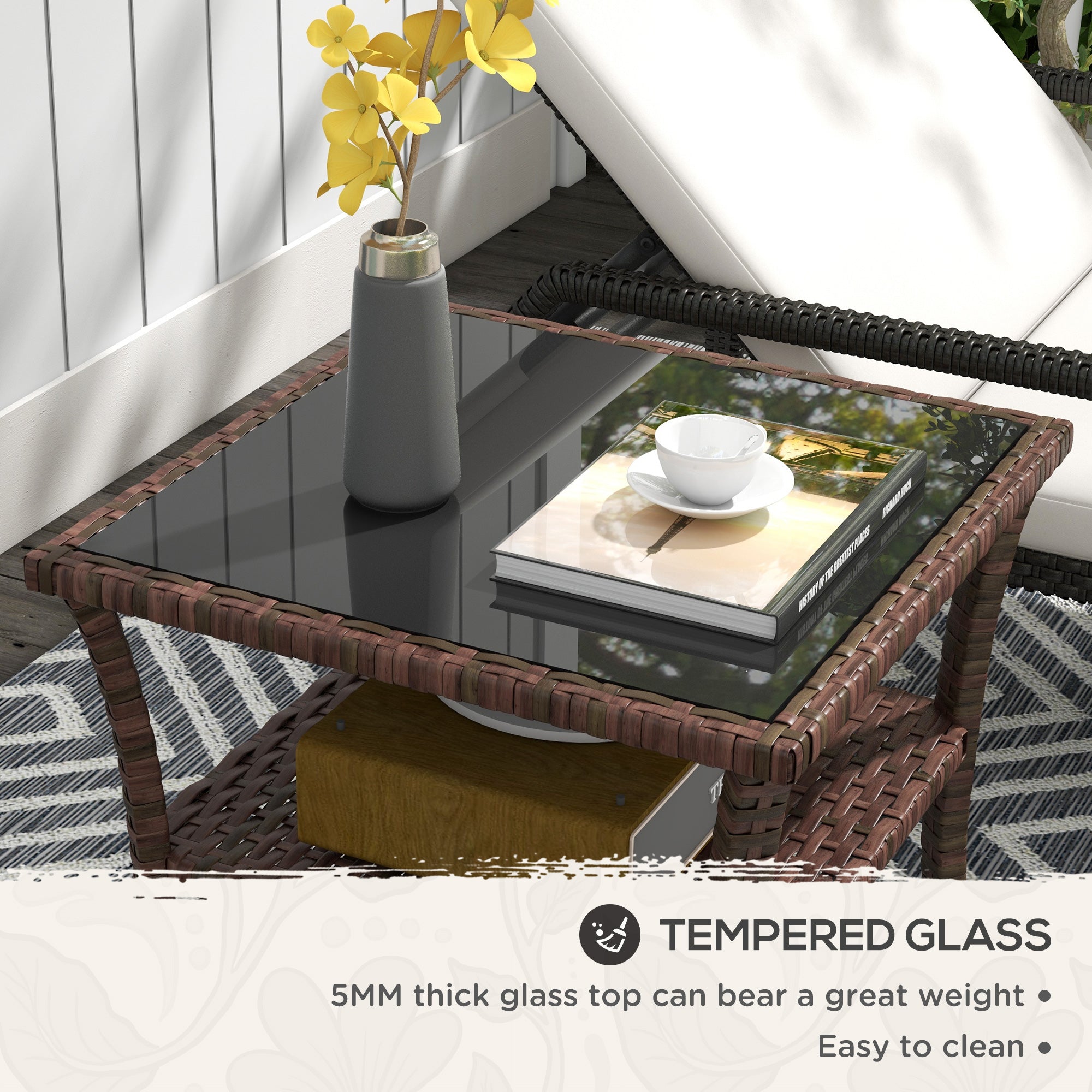 Glass Top Outdoor Garden Coffee Table With PE Rattan Frame Square - Velmora