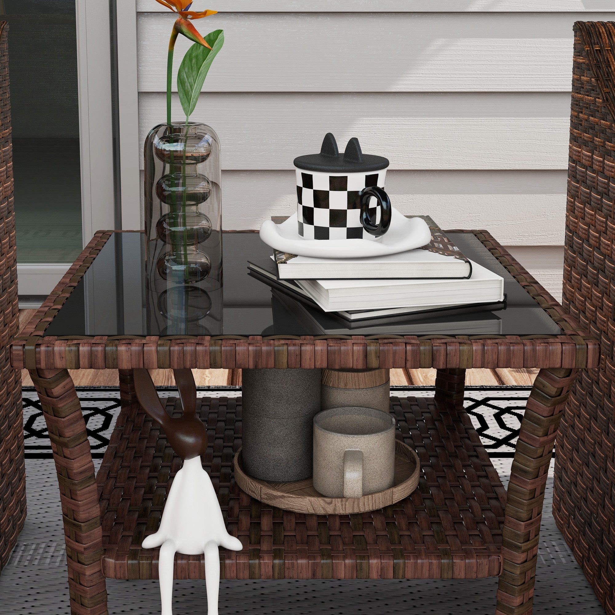 Glass Top Outdoor Garden Coffee Table With PE Rattan Frame Square - Velmora
