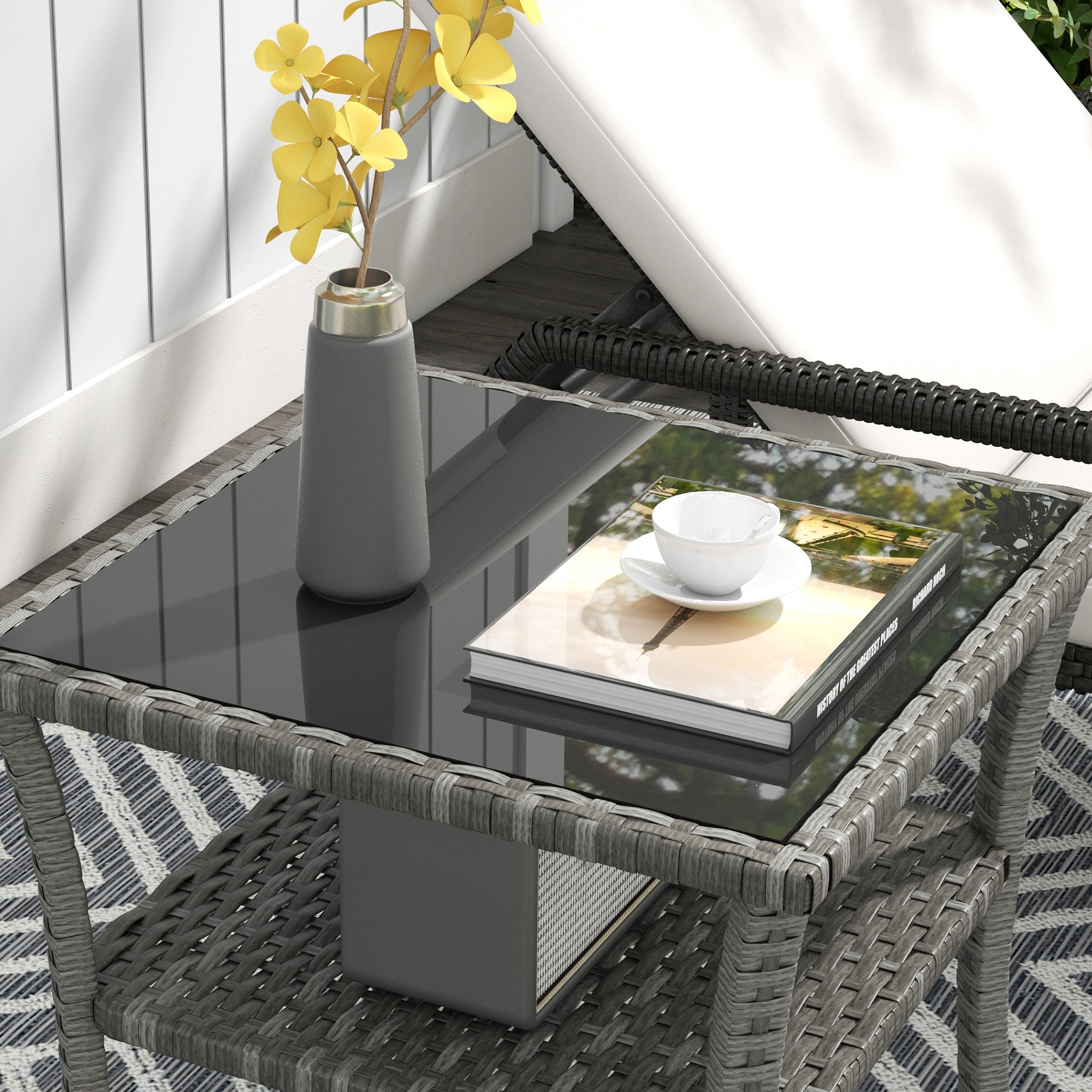 Glass Top Outdoor Garden Coffee Table With PE Rattan Frame Square - Velmora