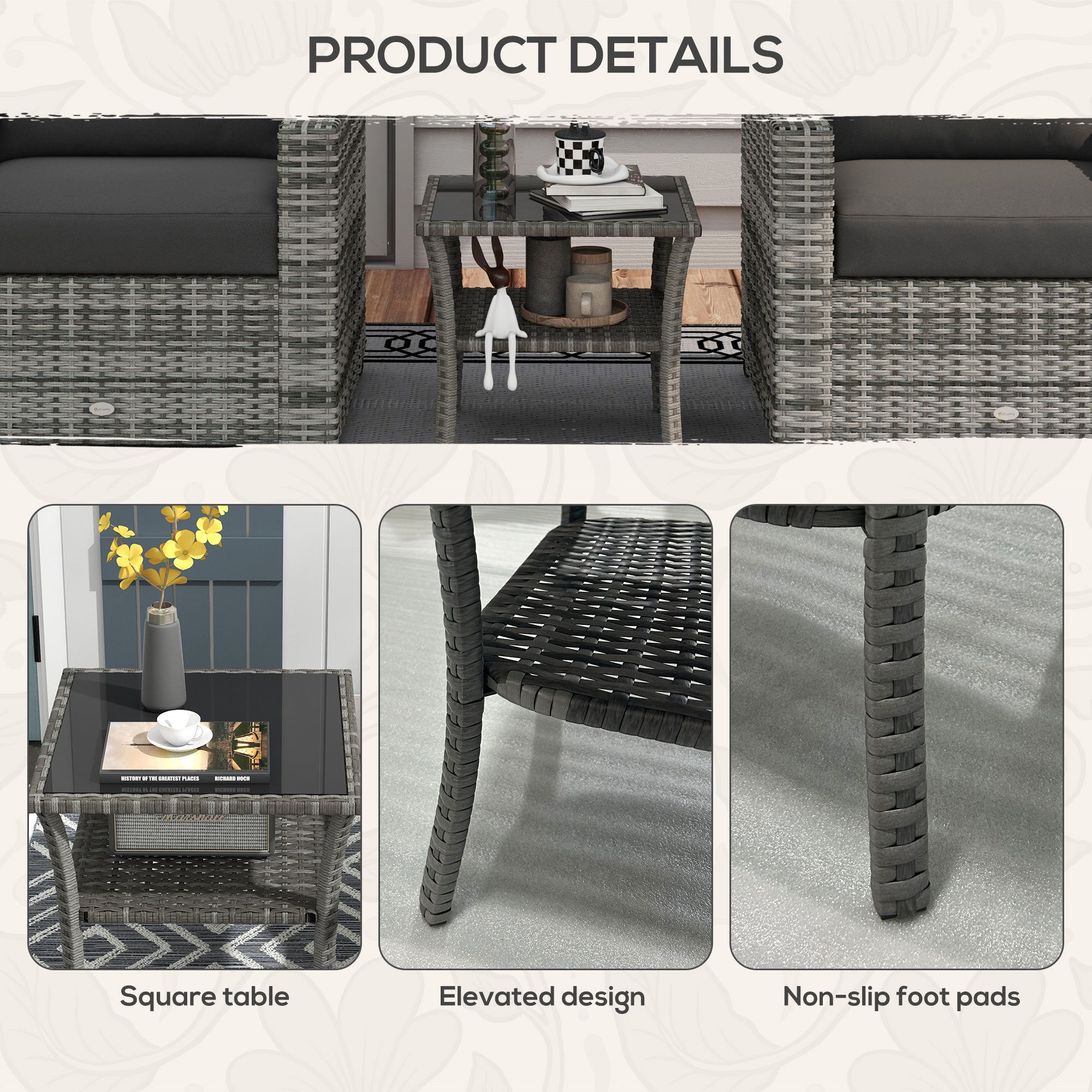Glass Top Outdoor Garden Coffee Table With PE Rattan Frame Square - Velmora