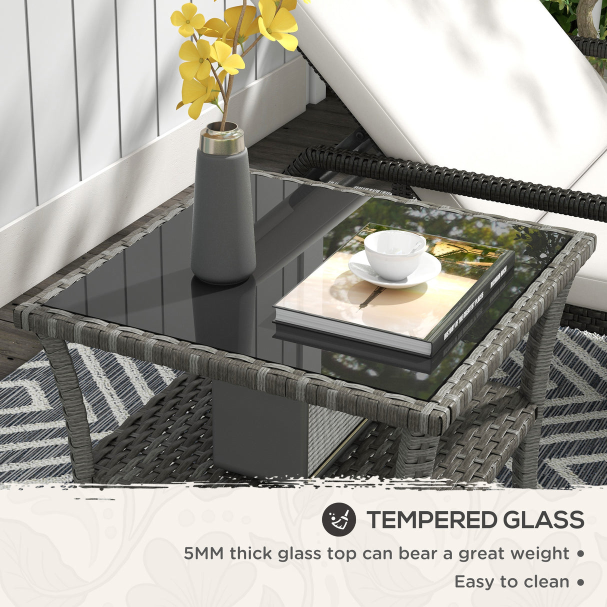 Glass Top Outdoor Garden Coffee Table With PE Rattan Frame Square - Velmora