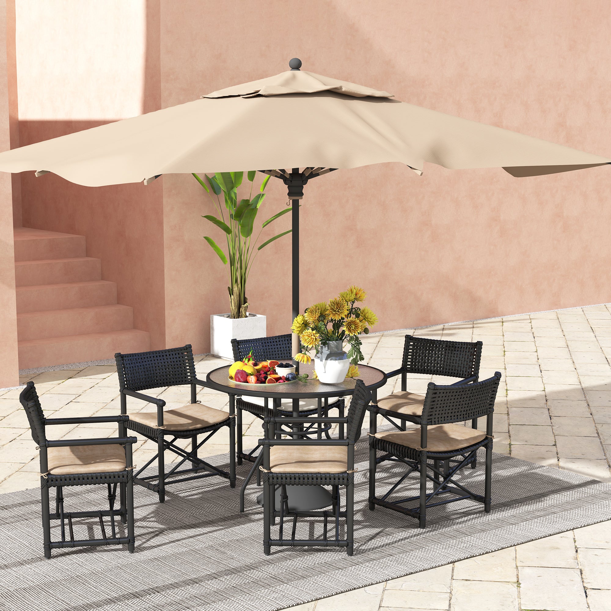 Glass Top Outdoor Garden Dining Table 100cm Wide With Parasol Hole - Velmora