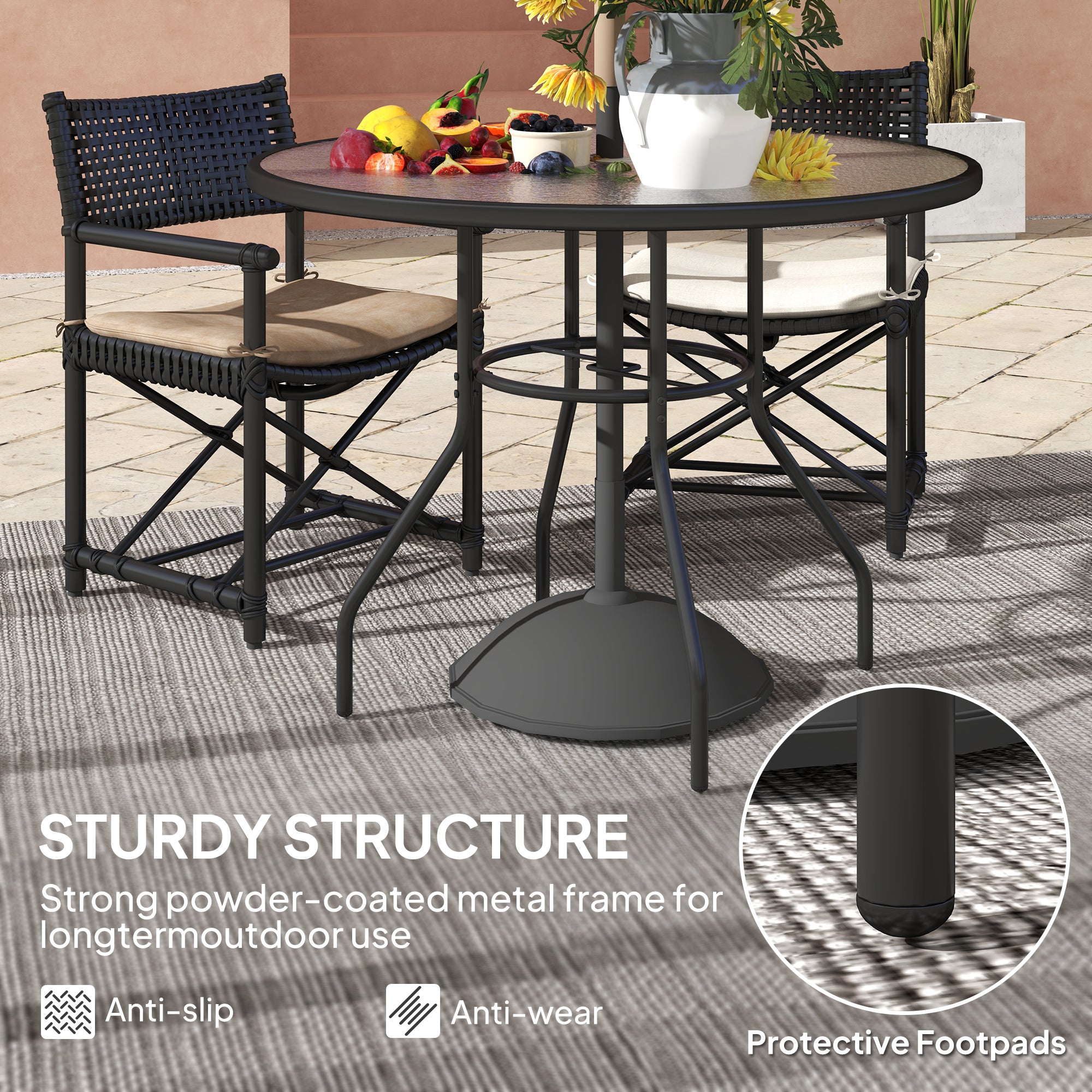 Glass Top Outdoor Garden Dining Table 100cm Wide With Parasol Hole - Velmora