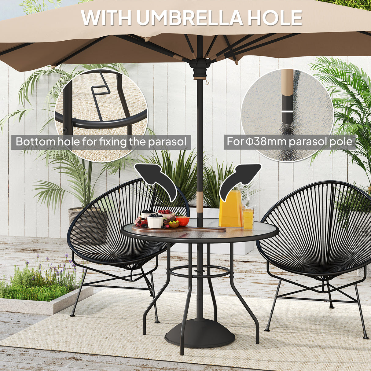 Glass Top Outdoor Garden Dining Table 100cm Wide With Parasol Hole - Velmora