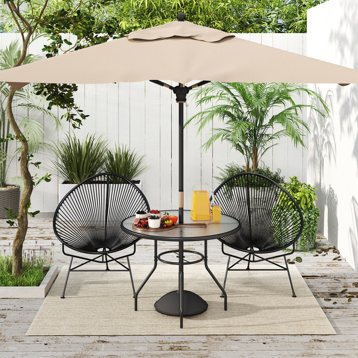 Glass Top Outdoor Garden Dining Table 100cm Wide With Parasol Hole - Velmora
