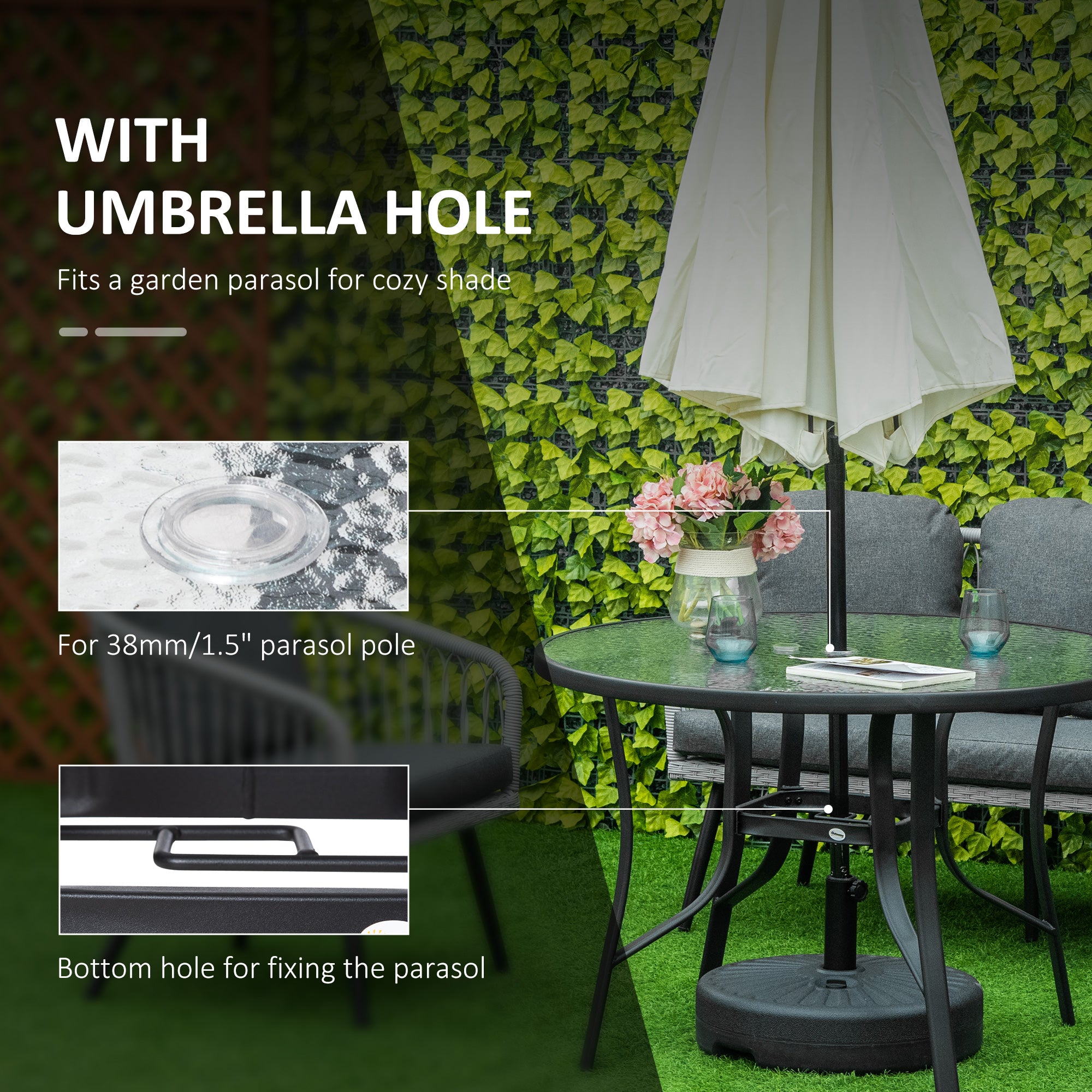 Glass Top Outdoor Garden Dining Table 106.5cm Wide With Parasol Hole - Velmora