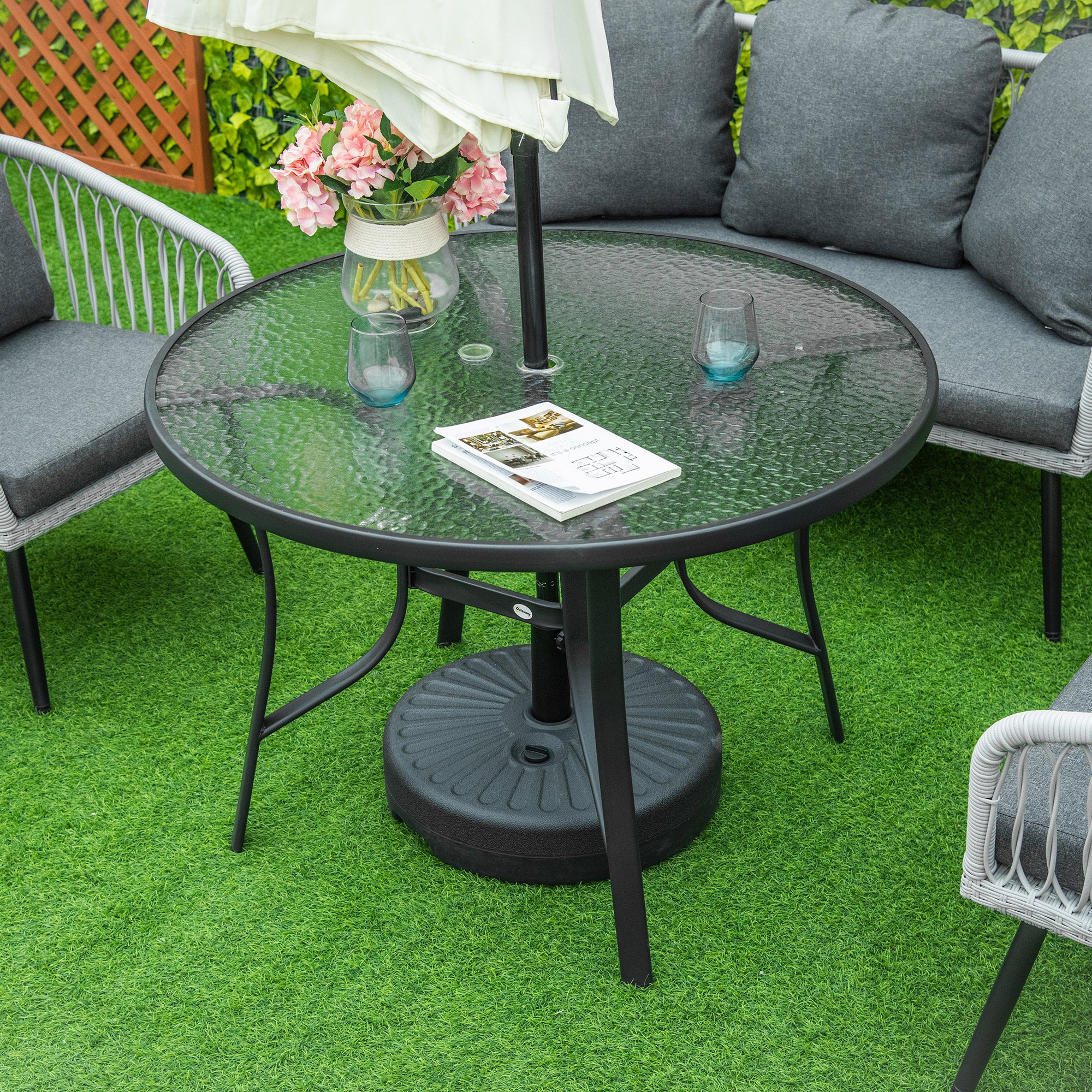 Glass Top Outdoor Garden Dining Table 106.5cm Wide With Parasol Hole - Velmora