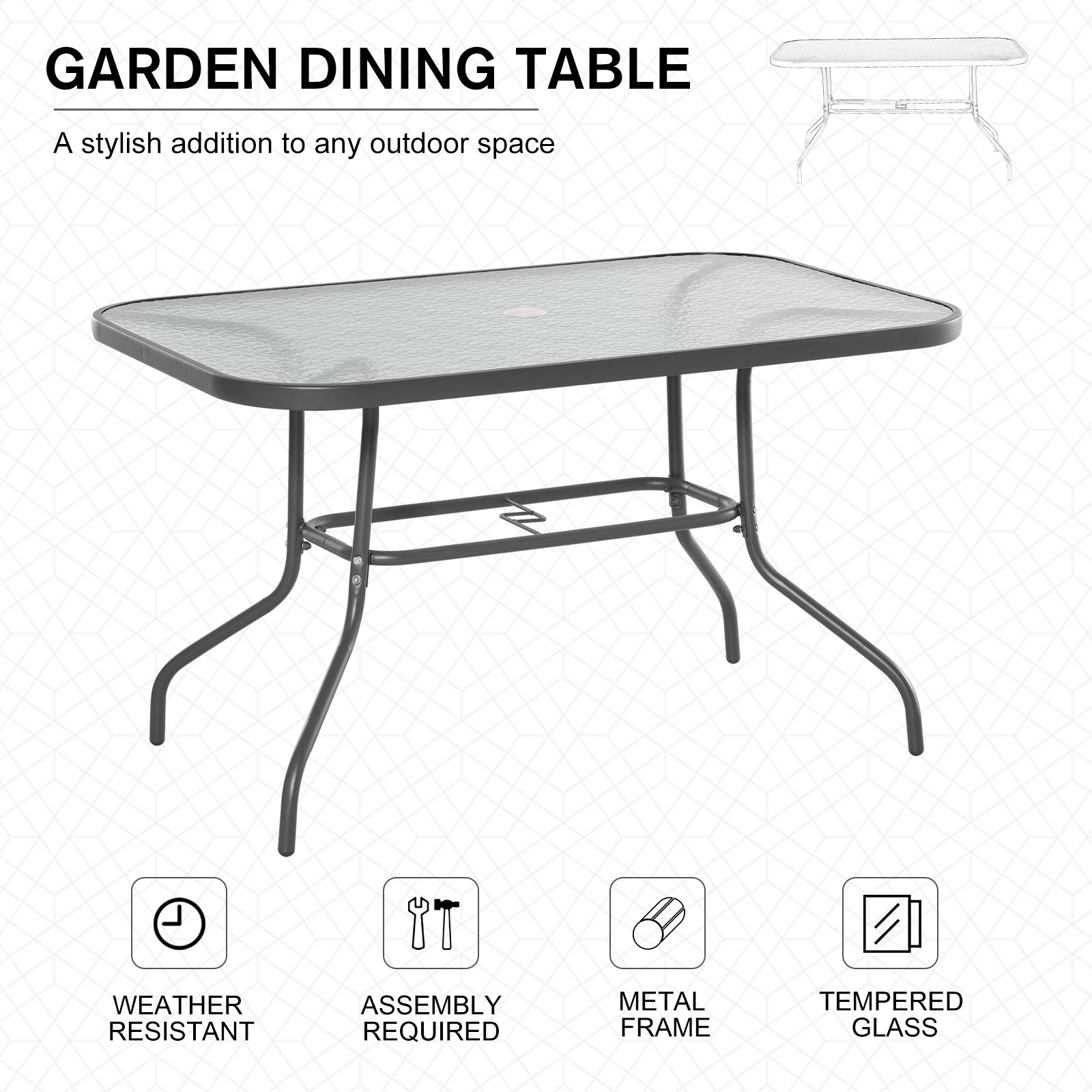 Glass Top Outdoor Garden Dining Table 120cm Wide for 6 People With Parasol Hole - Velmora
