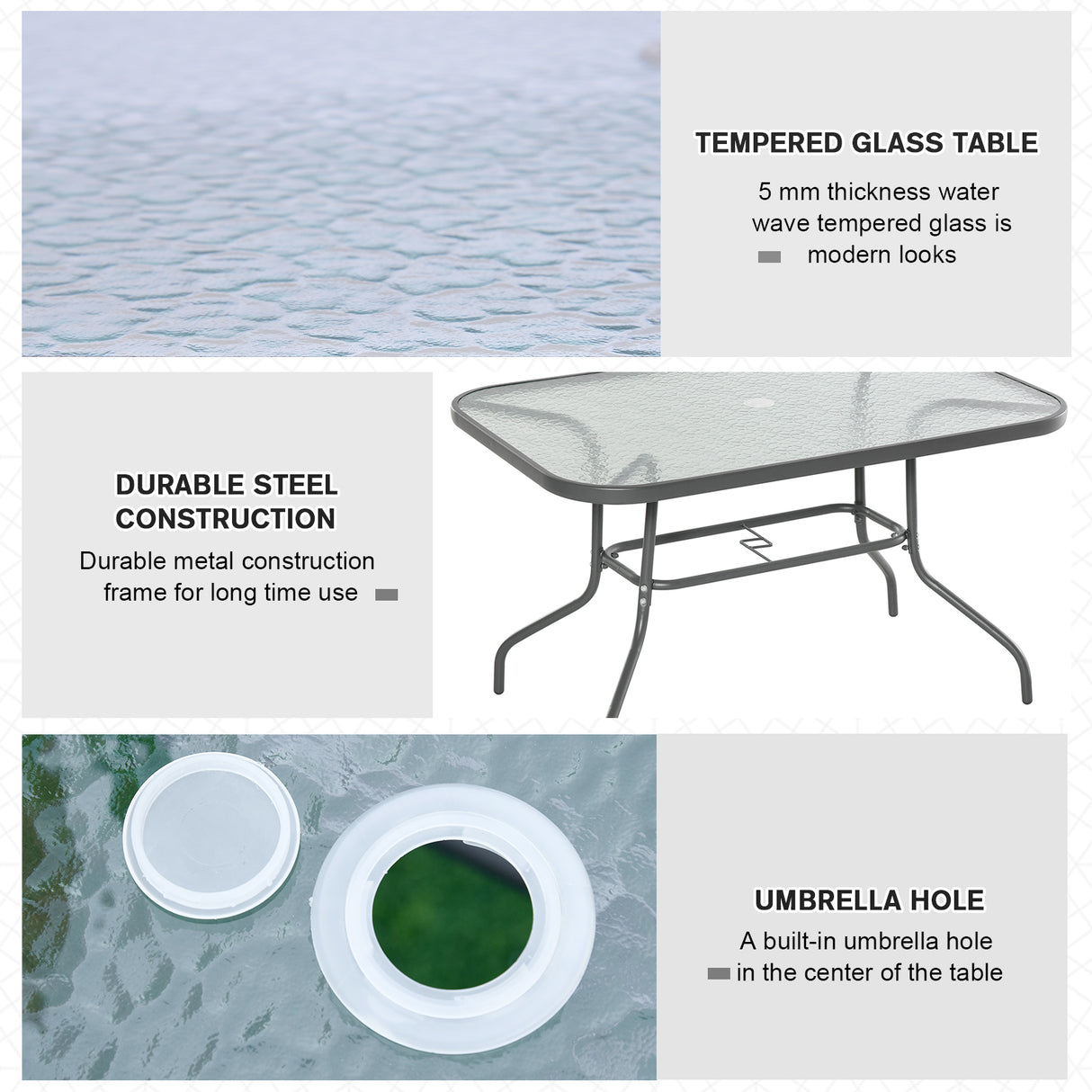 Glass Top Outdoor Garden Dining Table 120cm Wide for 6 People With Parasol Hole - Velmora