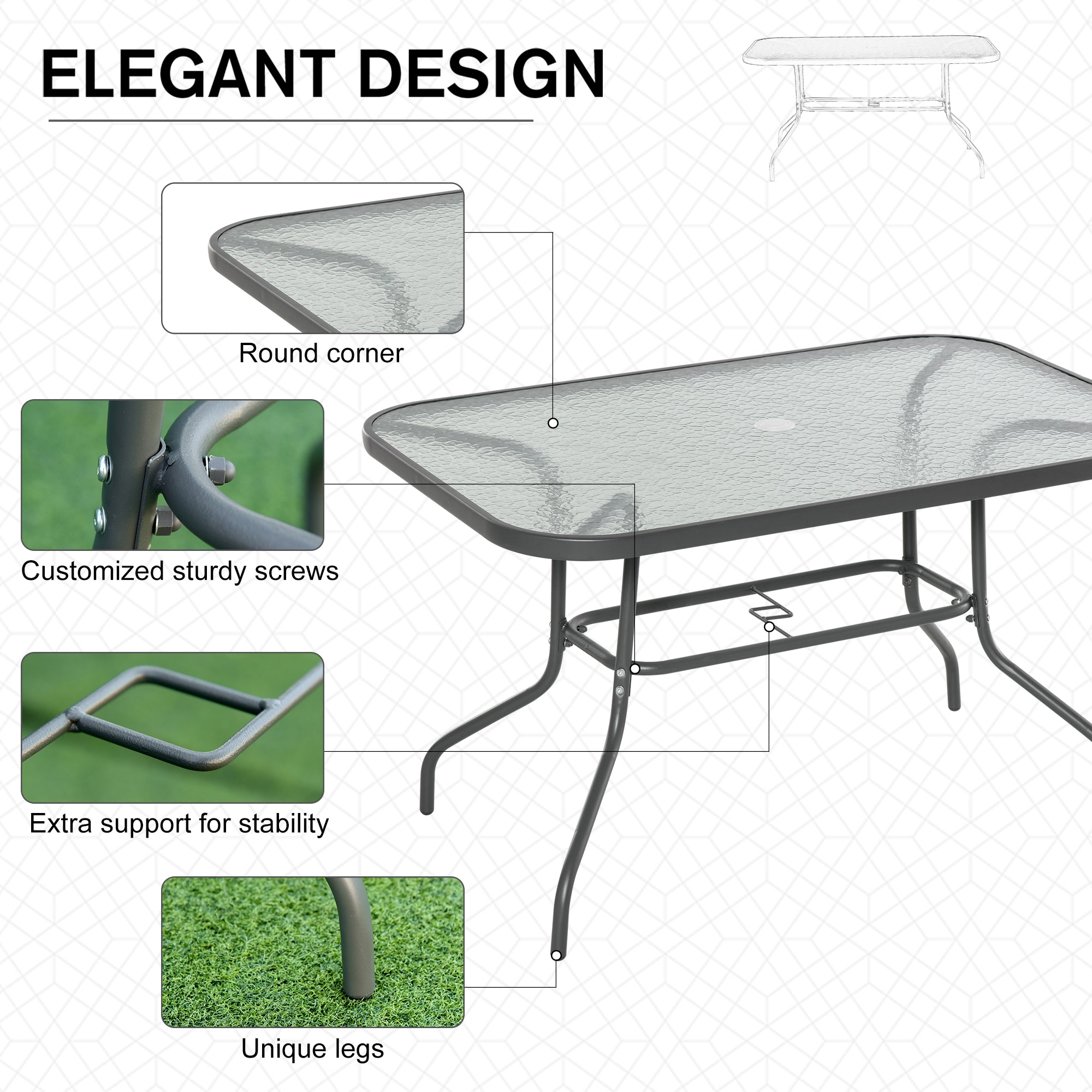 Glass Top Outdoor Garden Dining Table 120cm Wide for 6 People With Parasol Hole - Velmora