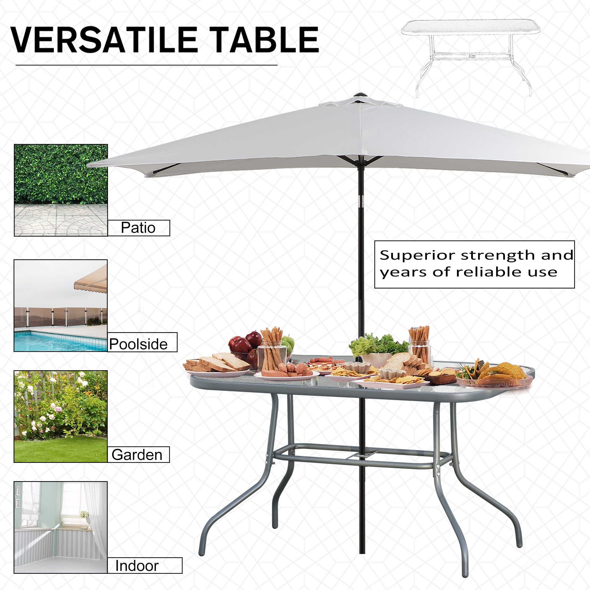 Glass Top Outdoor Garden Dining Table 120cm Wide for 6 People With Parasol Hole - Velmora