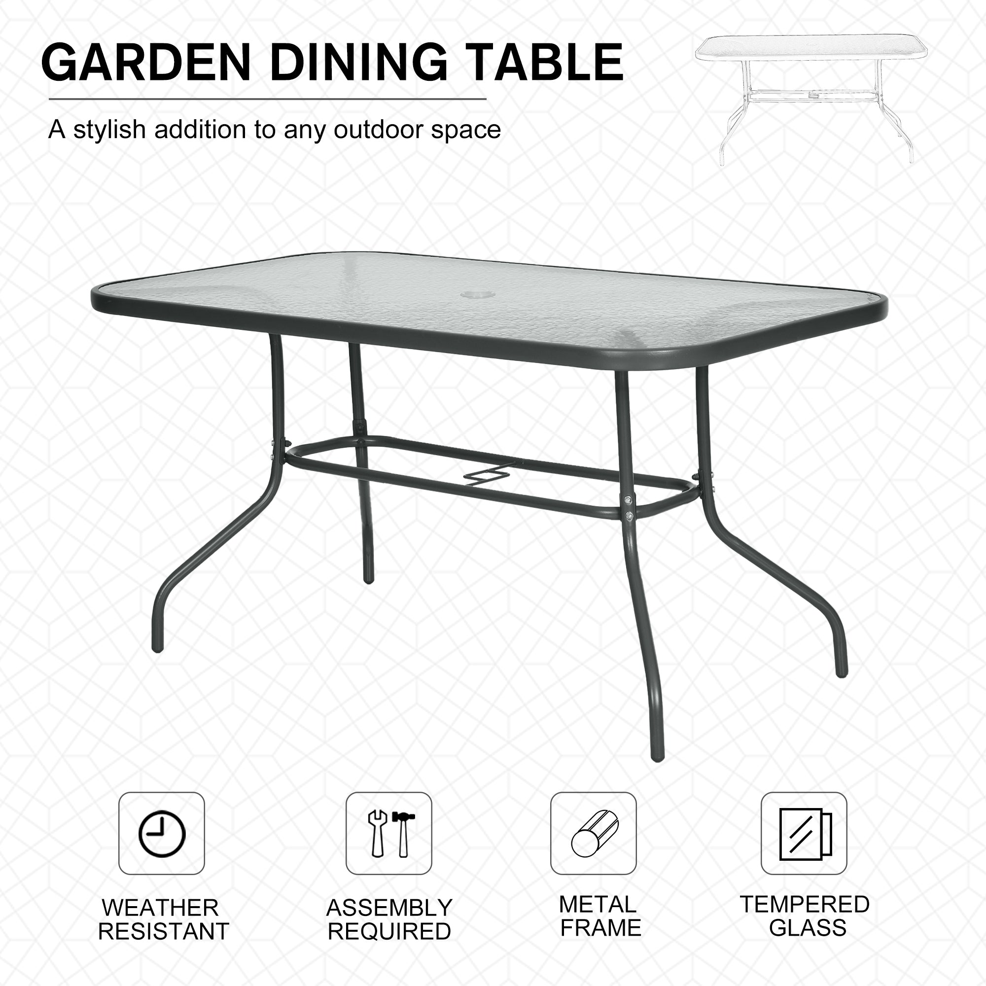 Glass Top Outdoor Garden Dining Table 140cm Wide for 6 People With Parasol Hole - Velmora