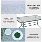 Glass Top Outdoor Garden Dining Table 140cm Wide for 6 People With Parasol Hole - Velmora