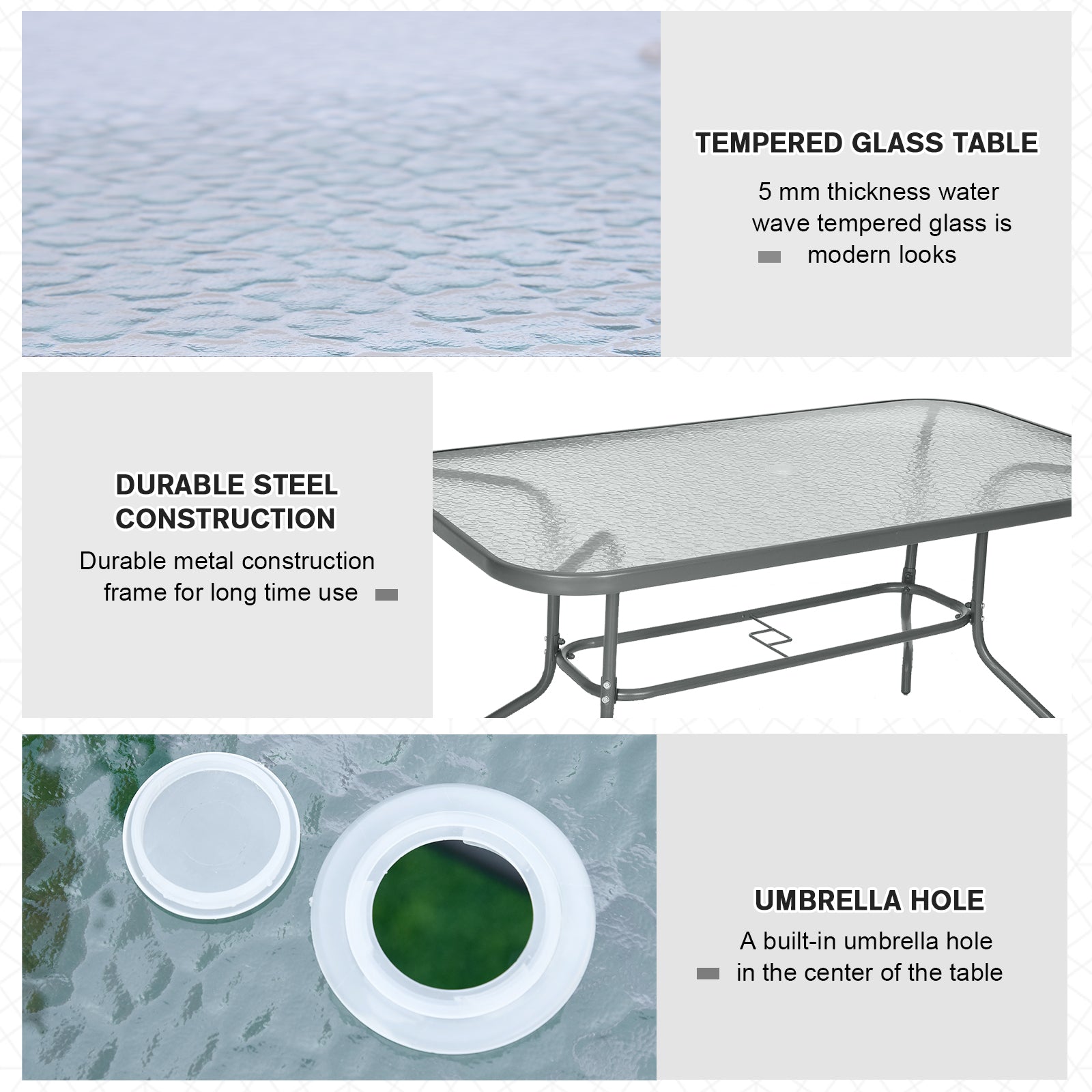 Glass Top Outdoor Garden Dining Table 140cm Wide for 6 People With Parasol Hole - Velmora