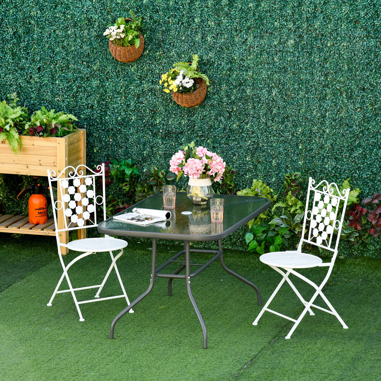 Glass Top Outdoor Garden Dining Table 140cm Wide for 6 People With Parasol Hole - Velmora