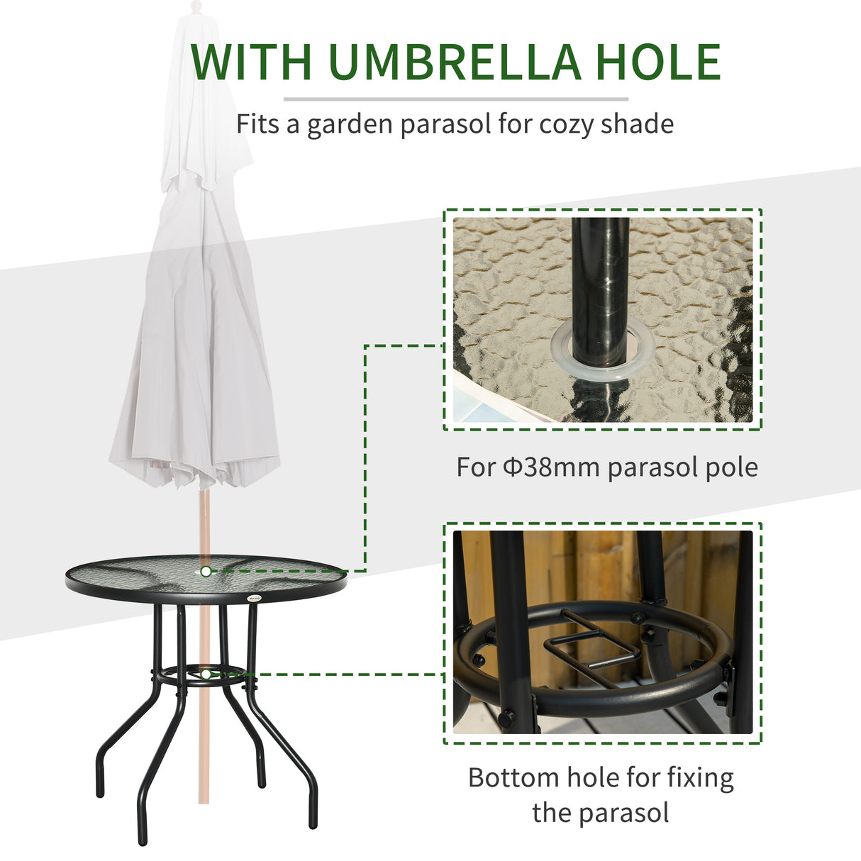 Glass Top Outdoor Garden Dining Table 80cm Wide With Parasol Hole - Velmora