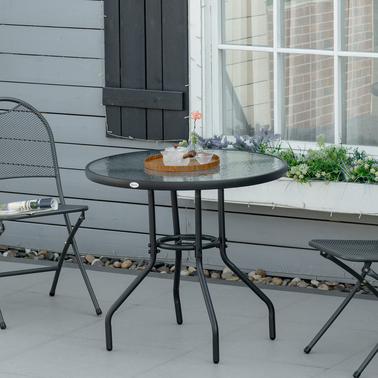 Glass Top Outdoor Garden Dining Table 80cm Wide With Parasol Hole - Velmora