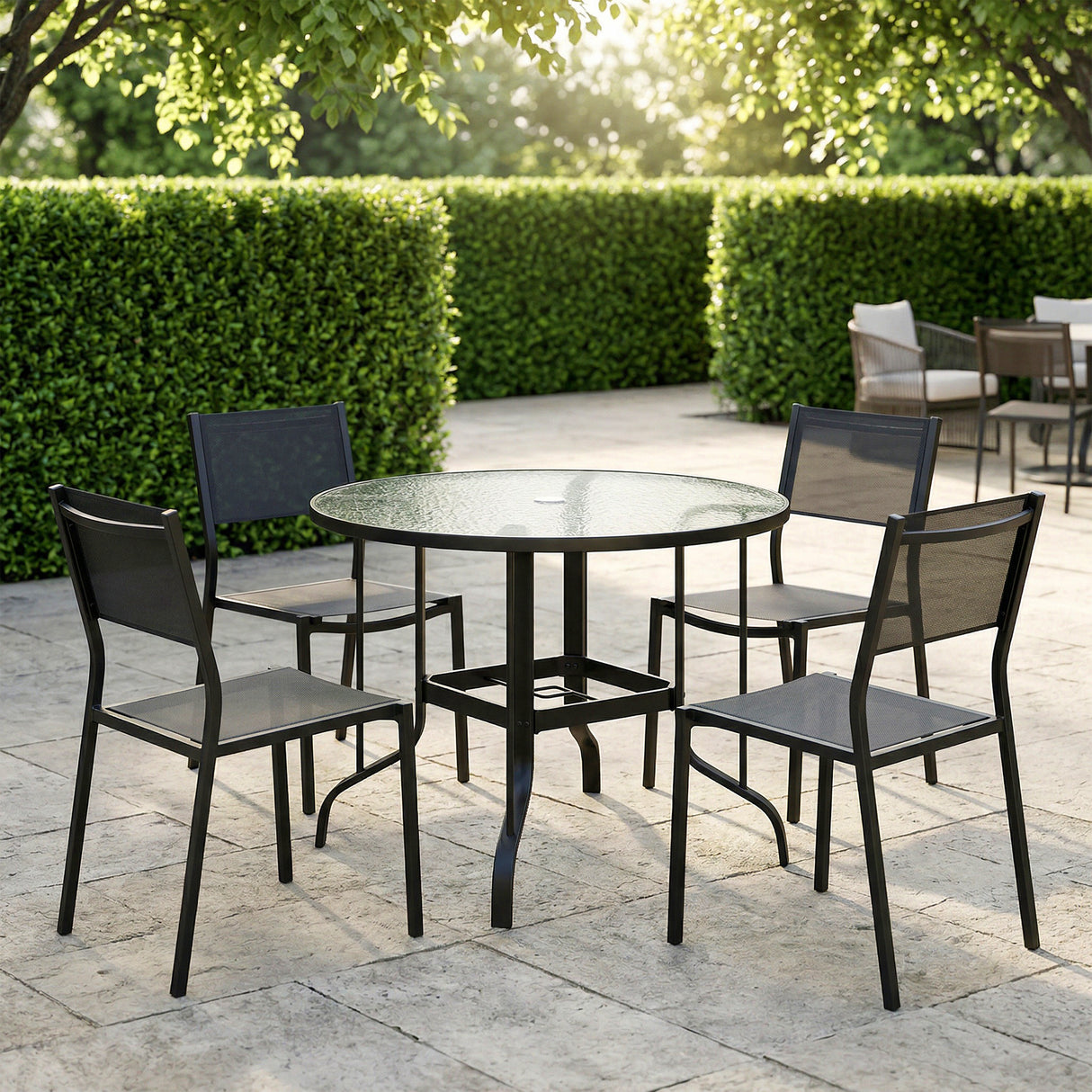 Glass Top Outdoor Garden Dining Table 96.5cm Wide With Parasol Hole - Velmora
