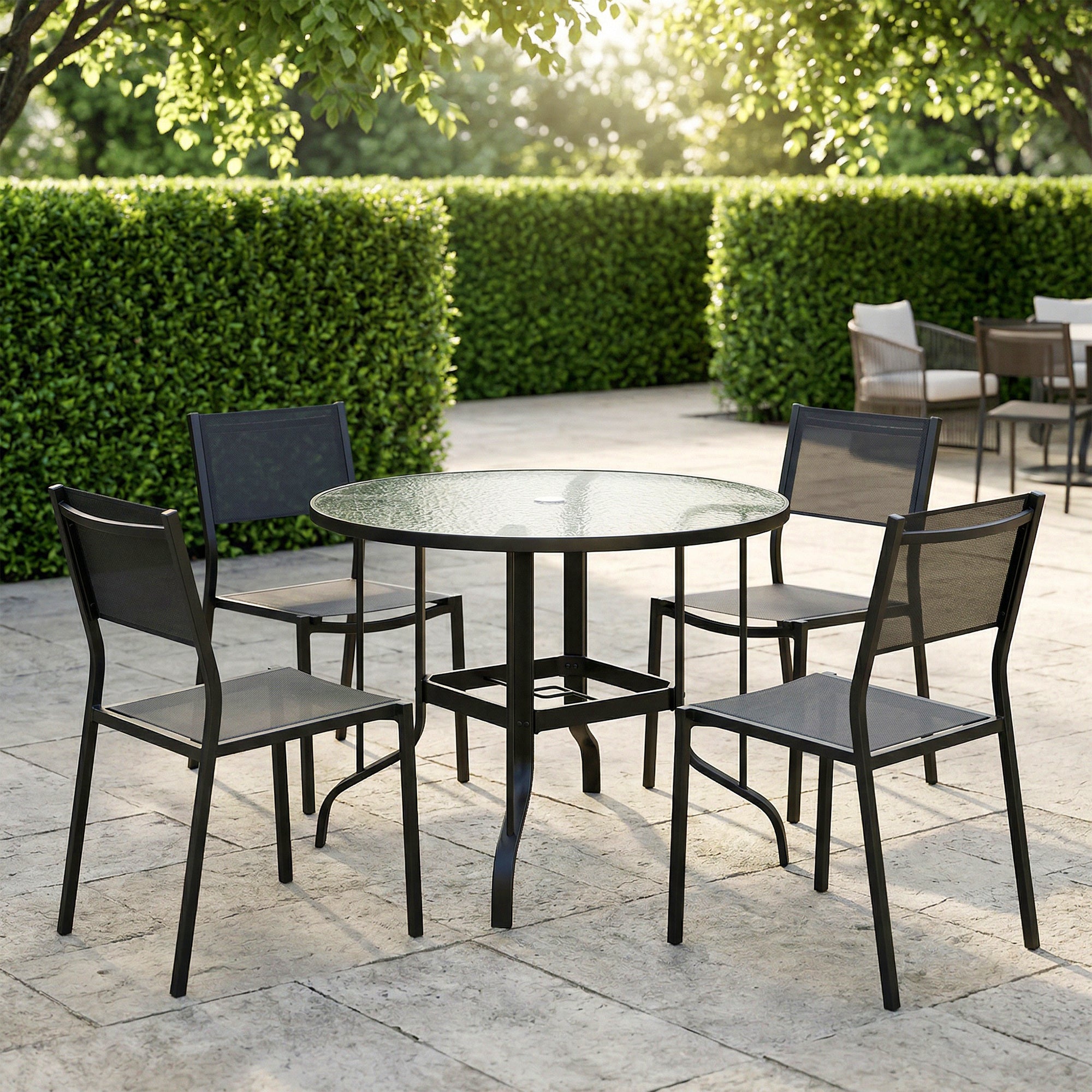 Glass Top Outdoor Garden Dining Table 96.5cm Wide With Parasol Hole - Velmora