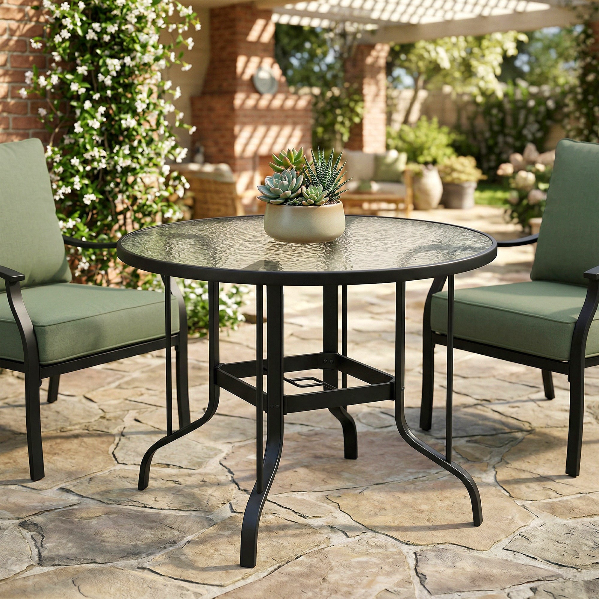Glass Top Outdoor Garden Dining Table 96.5cm Wide With Parasol Hole - Velmora