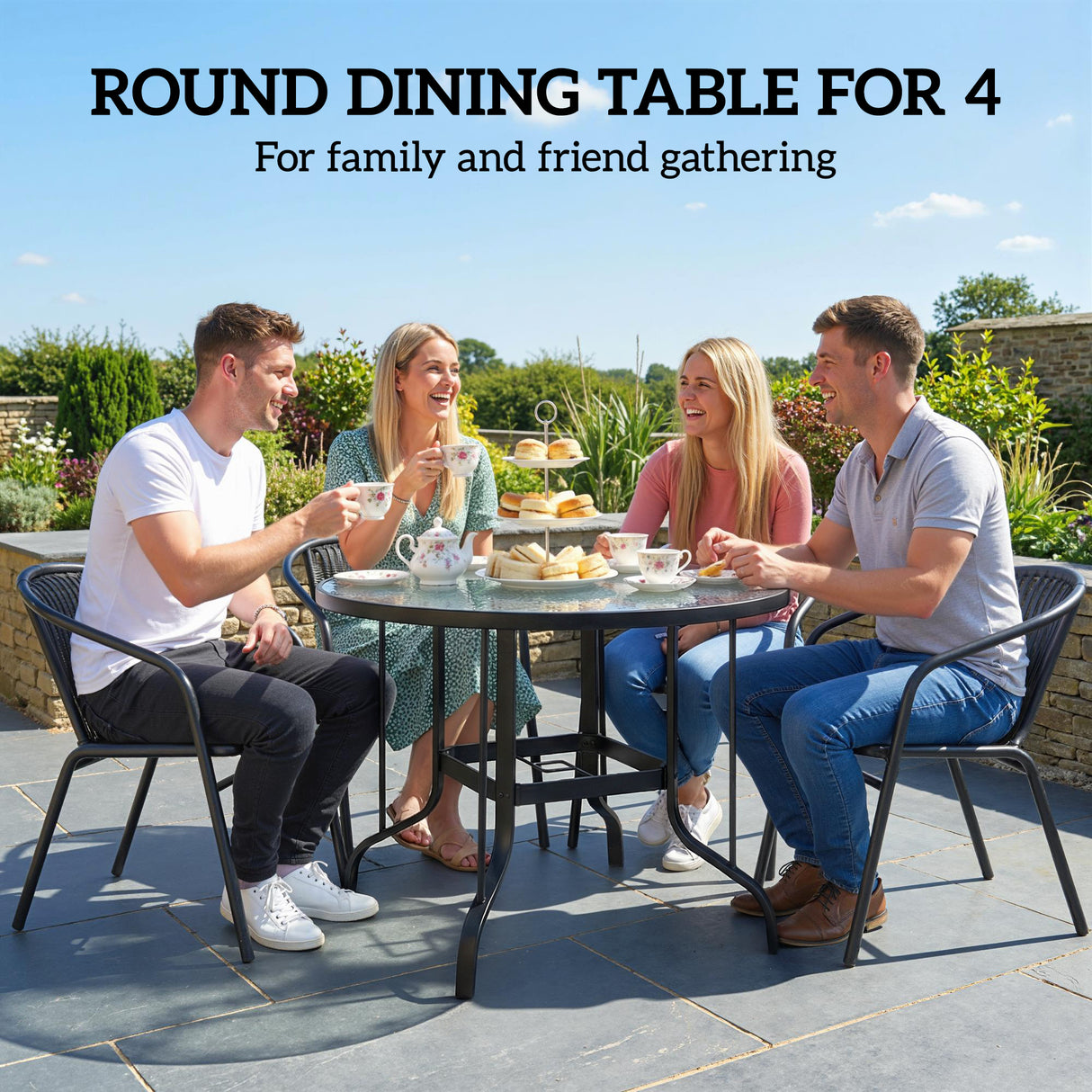 Glass Top Outdoor Garden Dining Table 96.5cm Wide With Parasol Hole - Velmora