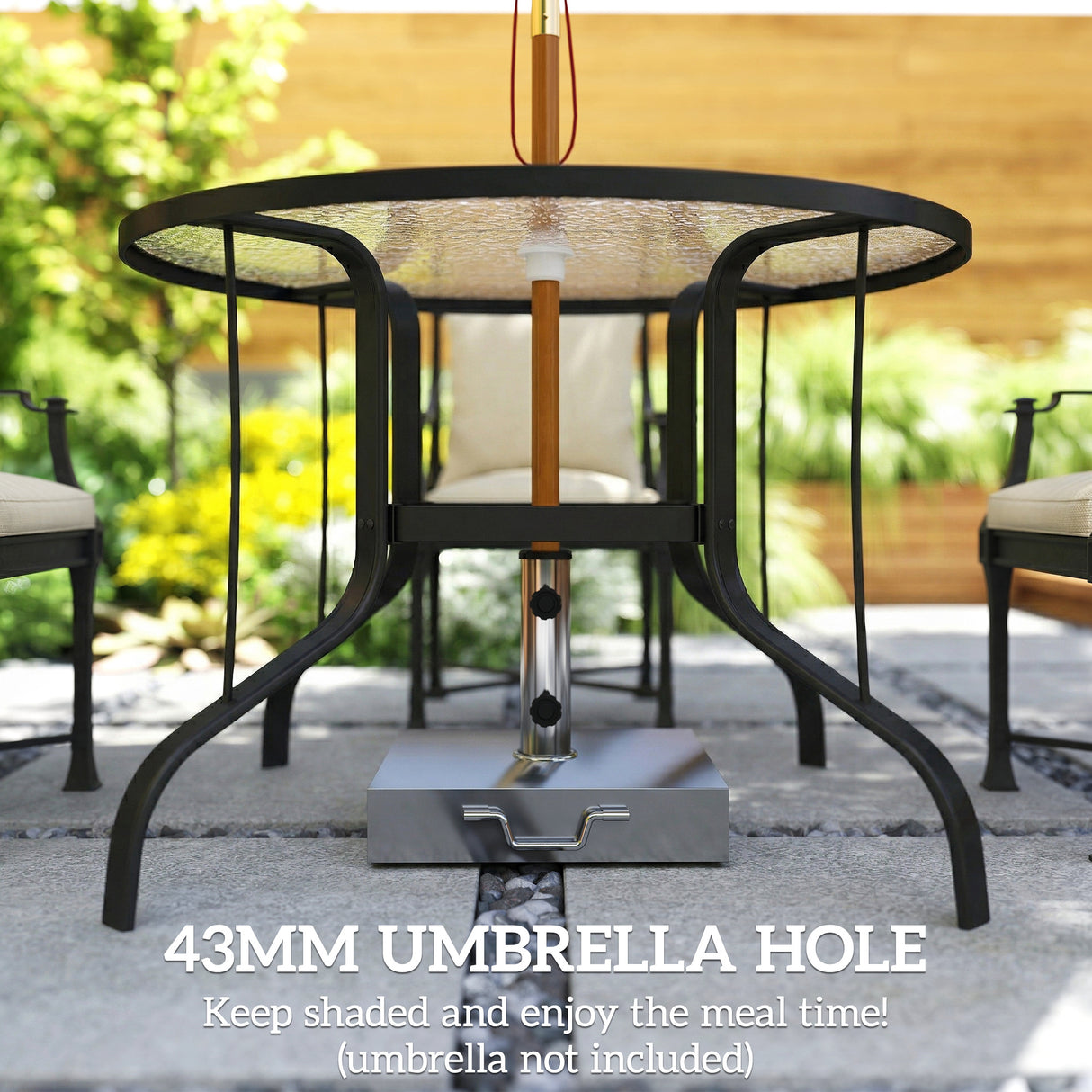 Glass Top Outdoor Garden Dining Table 96.5cm Wide With Parasol Hole - Velmora