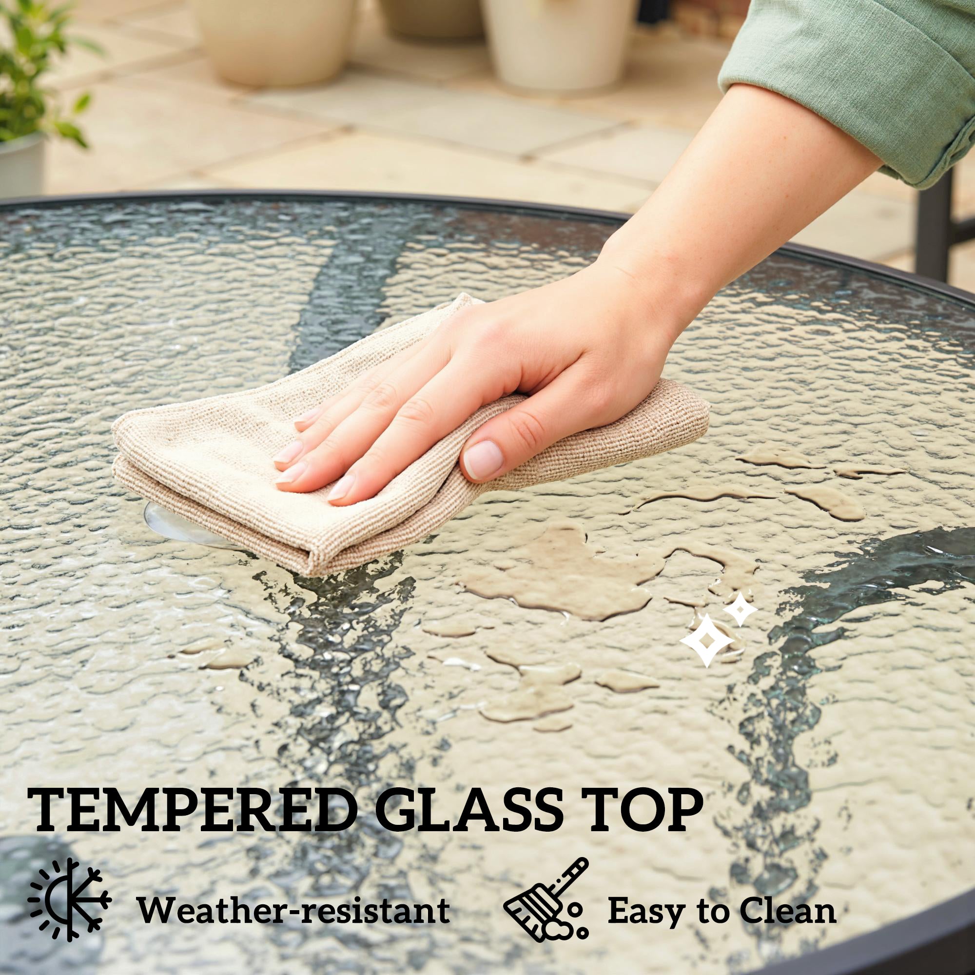 Glass Top Outdoor Garden Dining Table 96.5cm Wide With Parasol Hole - Velmora
