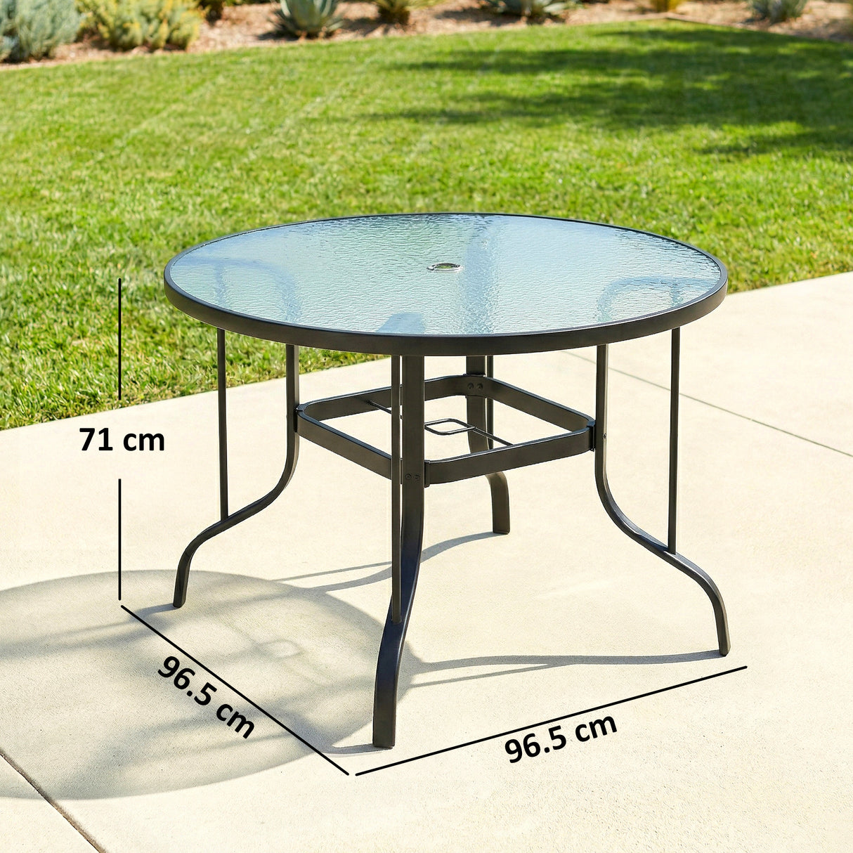 Glass Top Outdoor Garden Dining Table 96.5cm Wide With Parasol Hole - Velmora