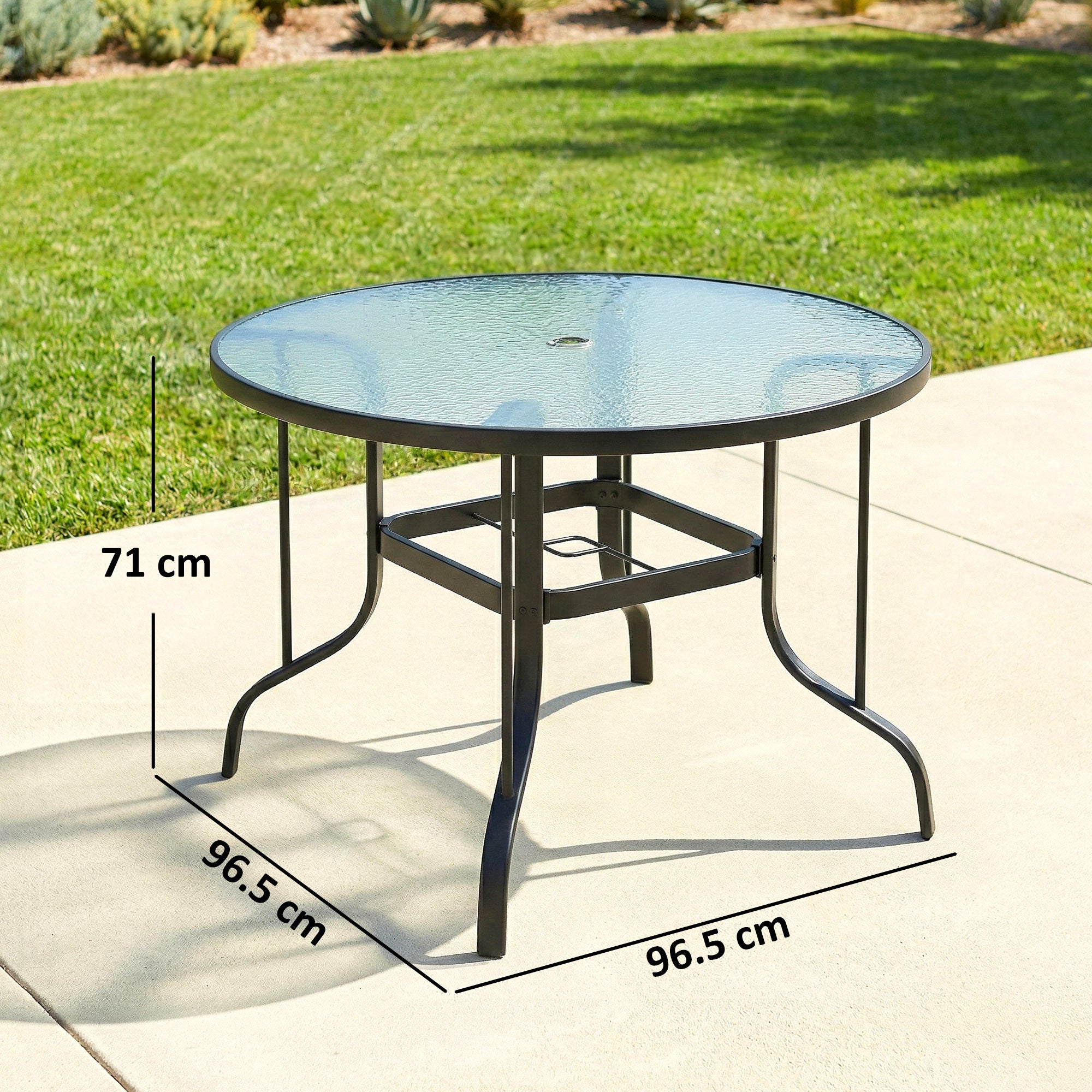Glass Top Outdoor Garden Dining Table 96.5cm Wide With Parasol Hole - Velmora