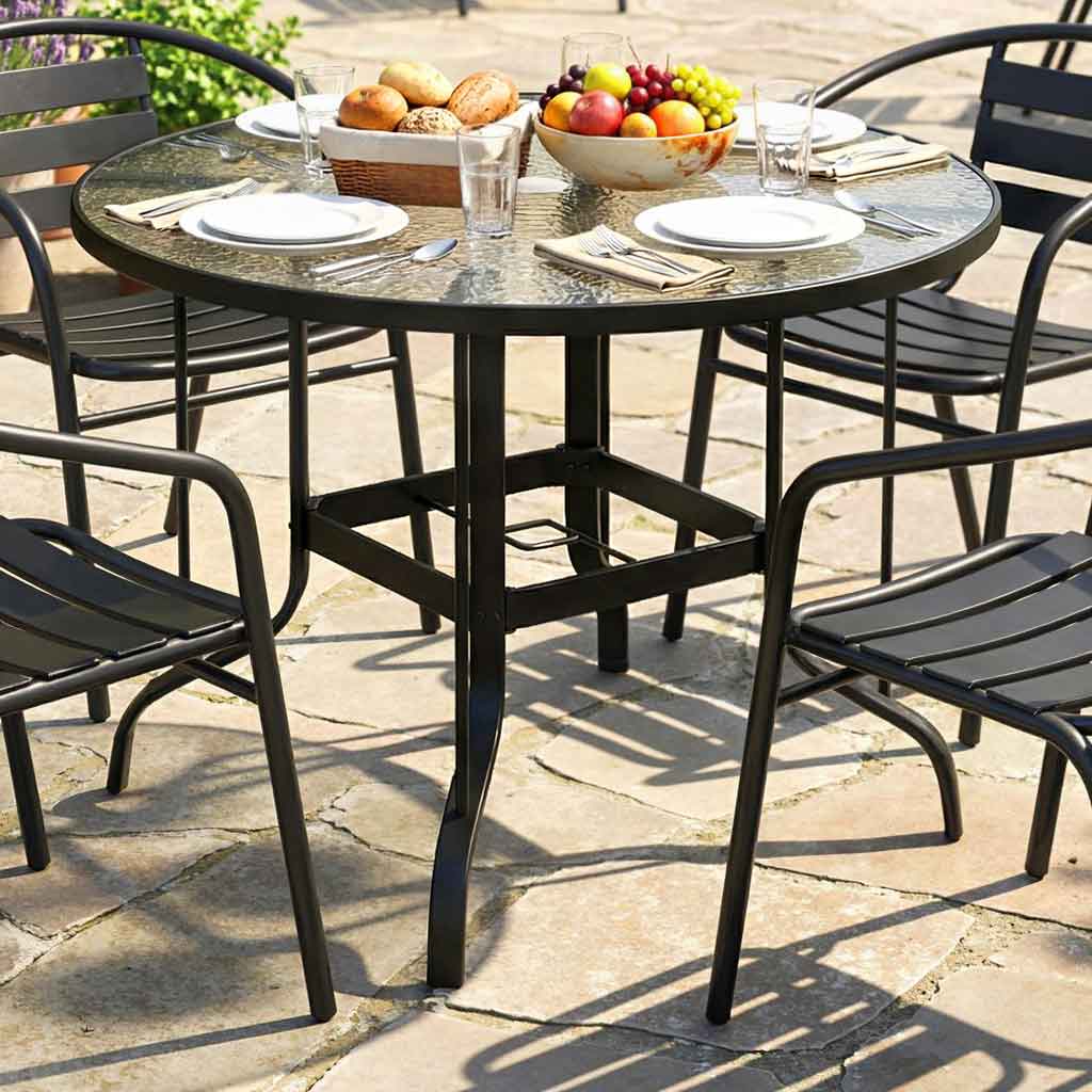 Glass Top Outdoor Garden Dining Table 96.5cm Wide With Parasol Hole - Velmora