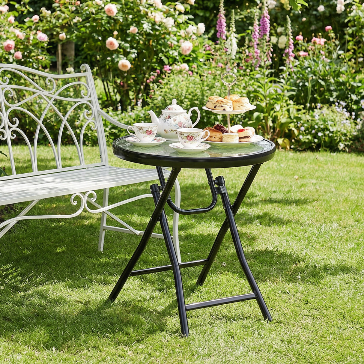 Glass Top Outdoor Garden Patio Side Table Round - Velmora