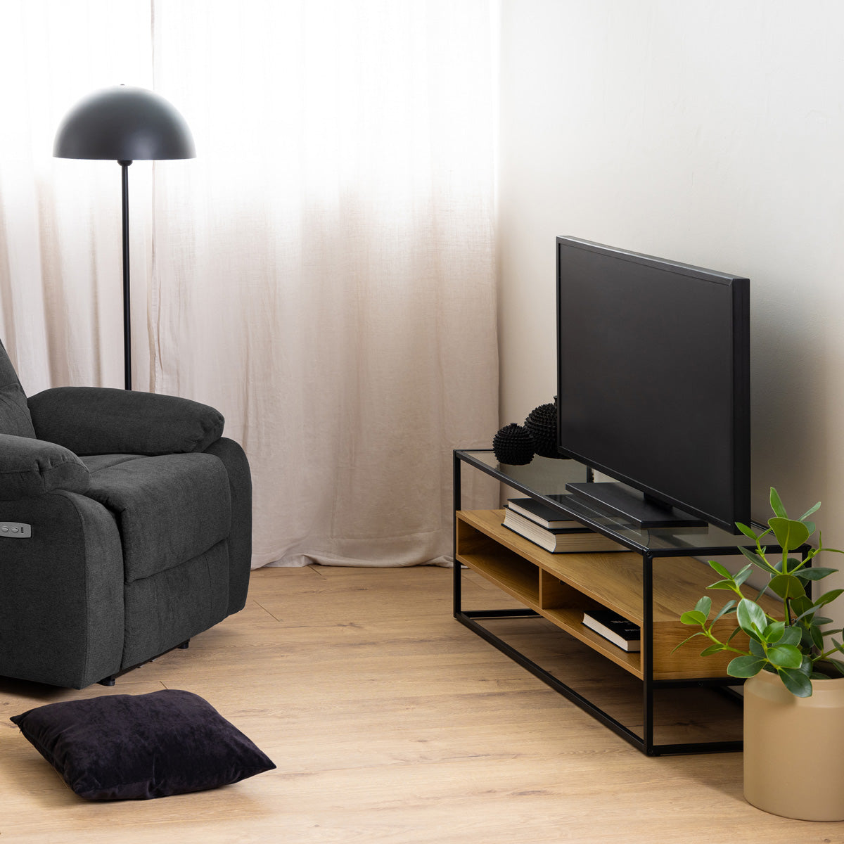 Glass TV Stand With 2 Oak Shelves - Randolf