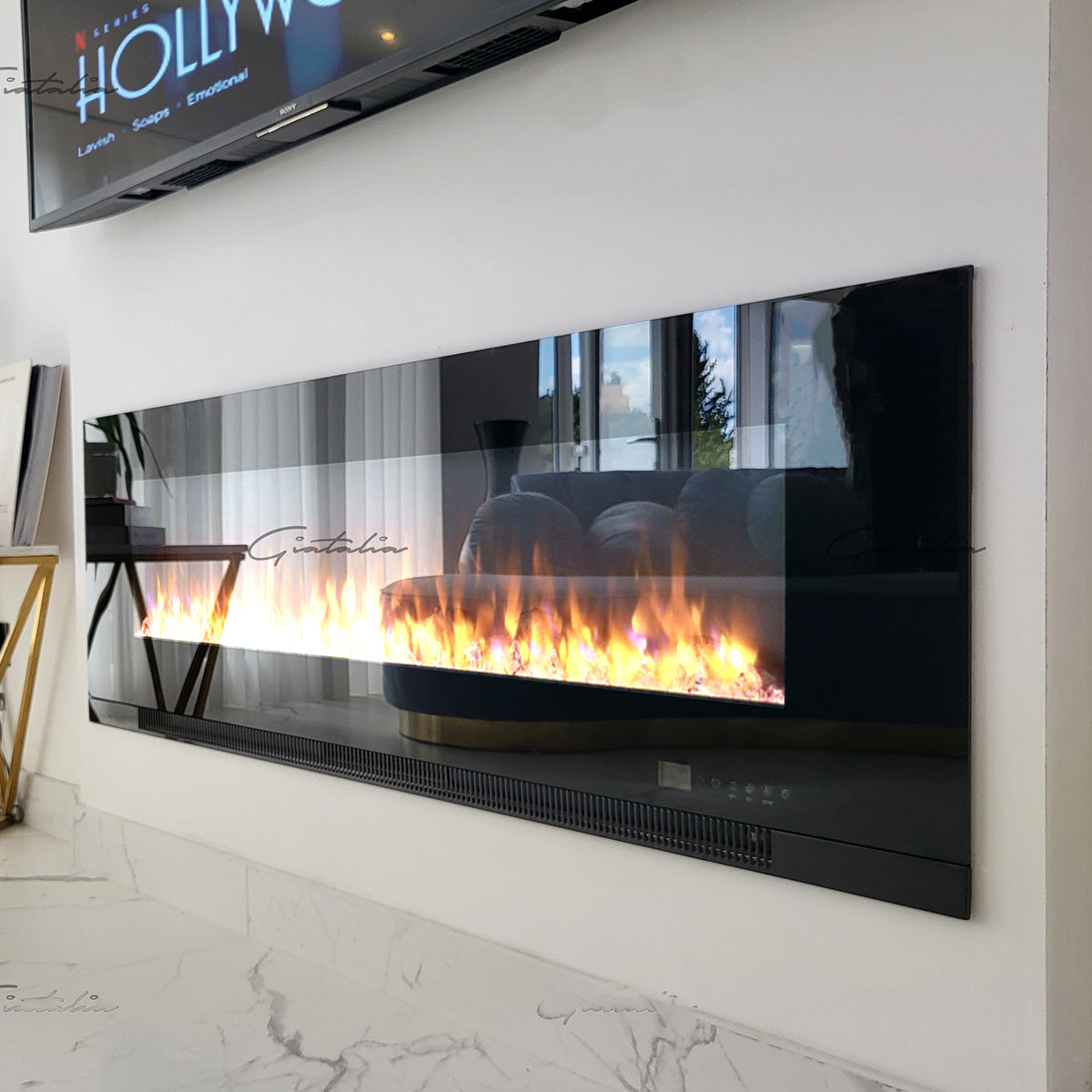 Glass Wall Insert or Mounted Electric Fire 60 Inch - Aurora