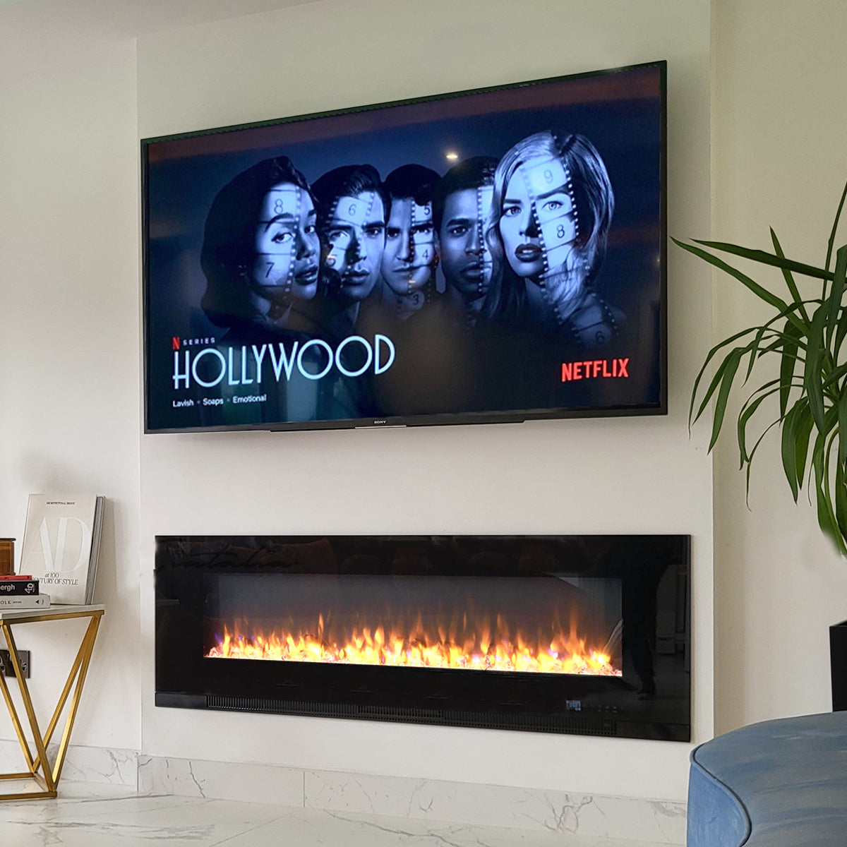 Glass Wall Insert or Mounted Electric Fire 60 Inch - Aurora