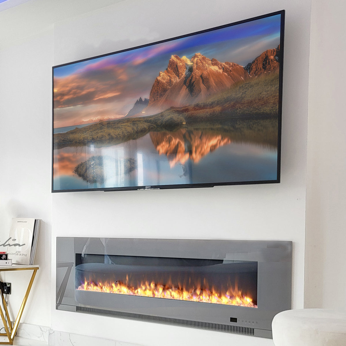 Glass Wall Insert or Mounted Electric Fire 60 Inch - Aurora