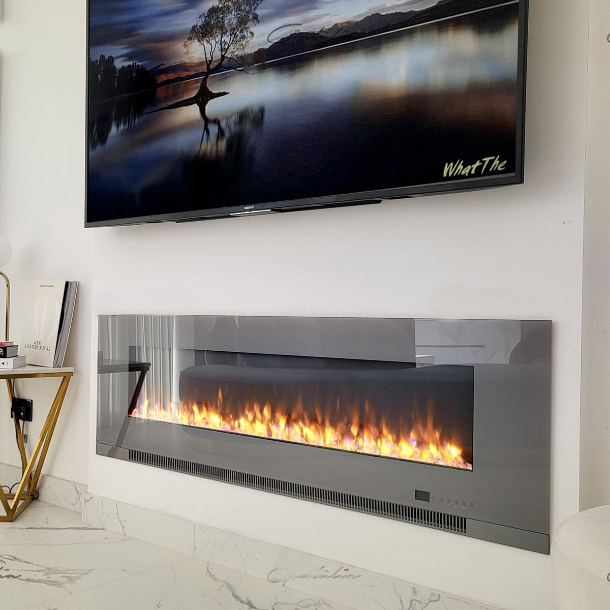 Glass Wall Insert or Mounted Electric Fire 72 Inch - Aurora